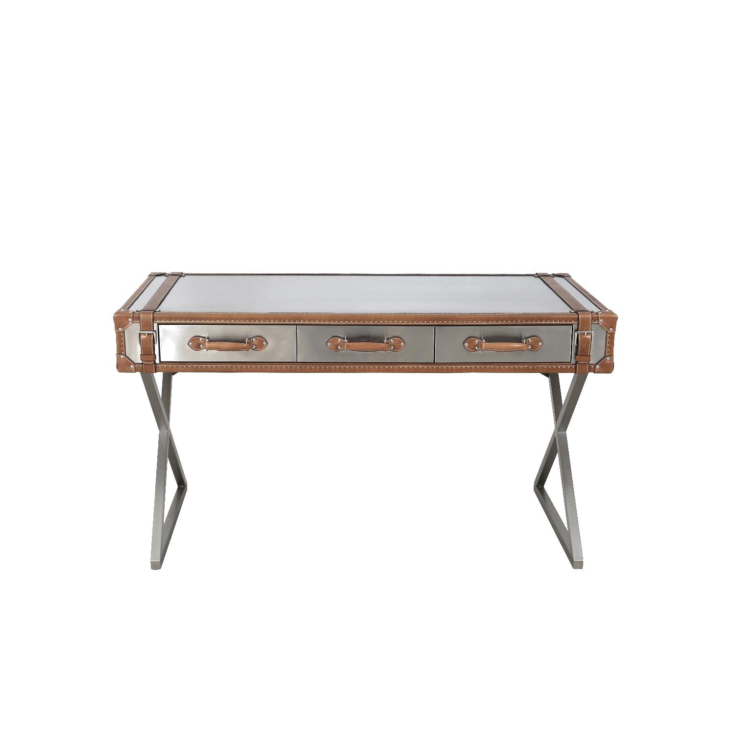 Pasargad - Brookline Desk in Brown/Silver, Stainless Steel/Genuine Leather