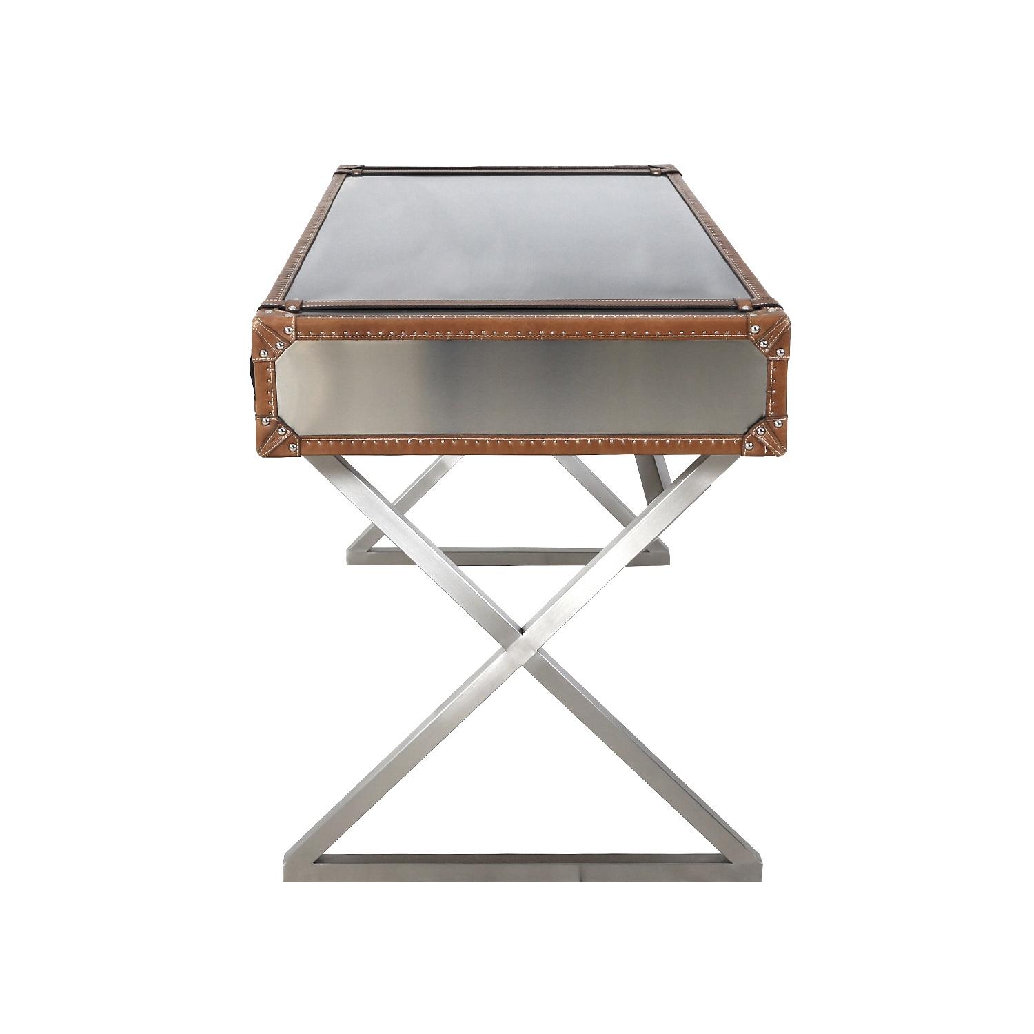 Pasargad - Brookline Desk in Brown/Silver, Stainless Steel/Genuine Leather