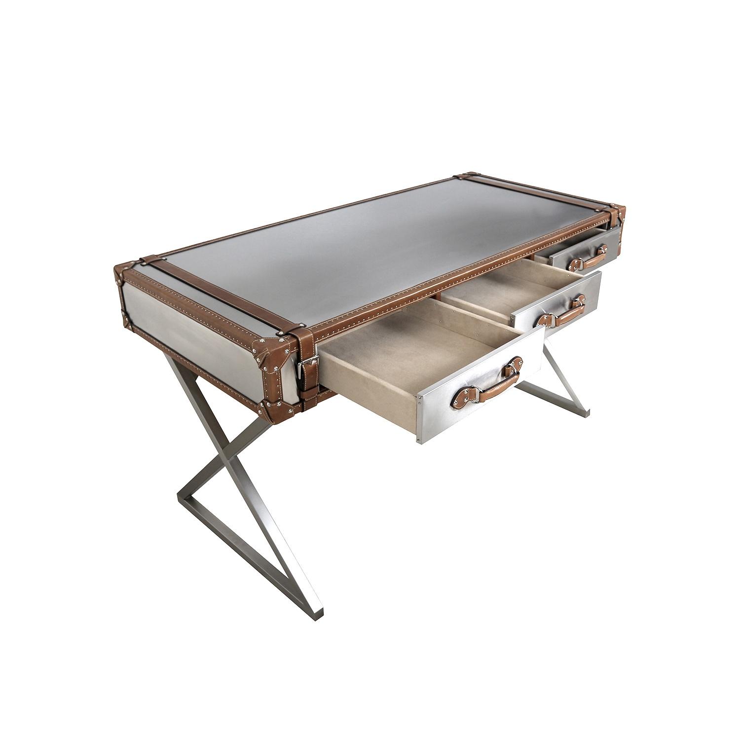 Pasargad - Brookline Desk in Brown/Silver, Stainless Steel/Genuine Leather