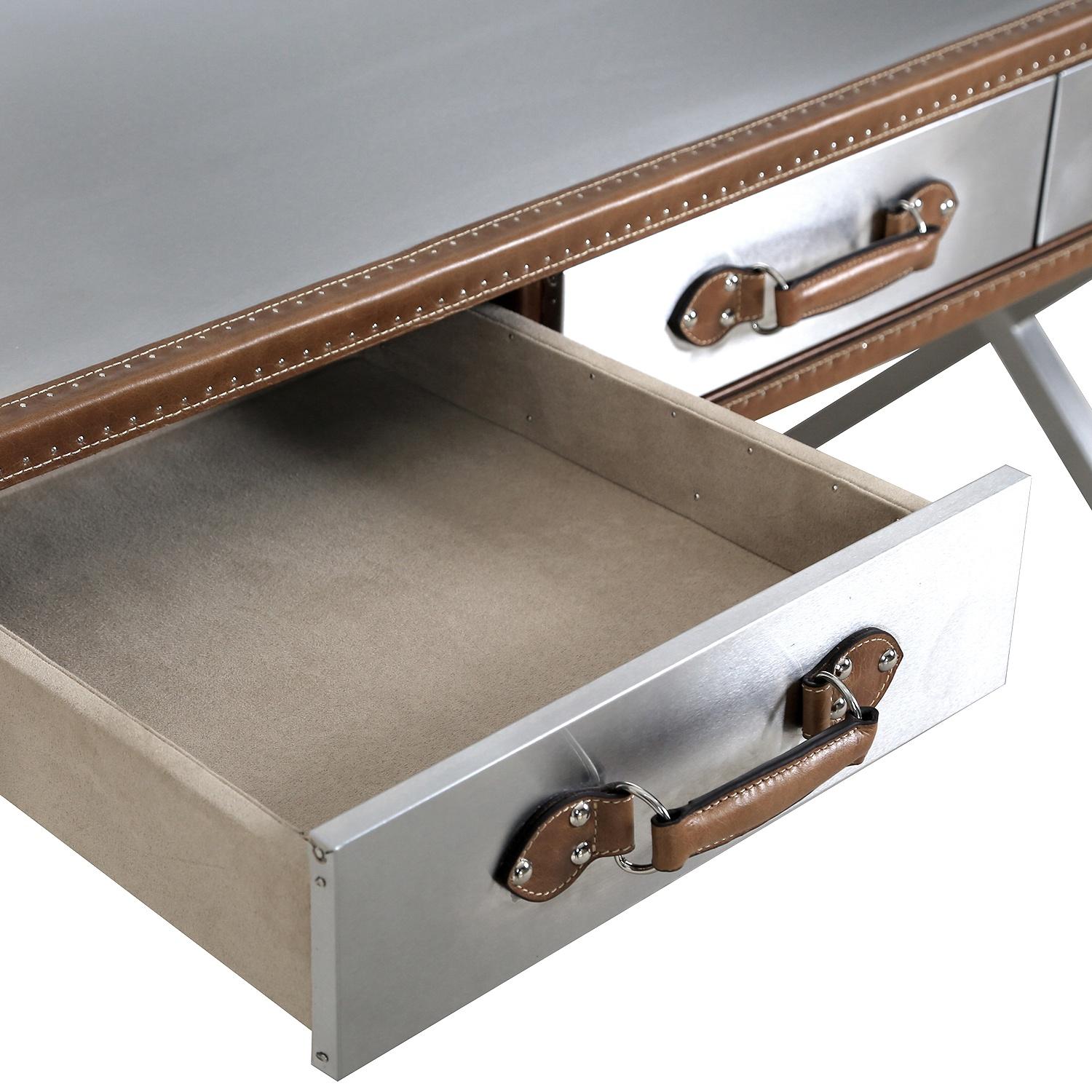 Pasargad - Brookline Desk in Brown/Silver, Stainless Steel/Genuine Leather