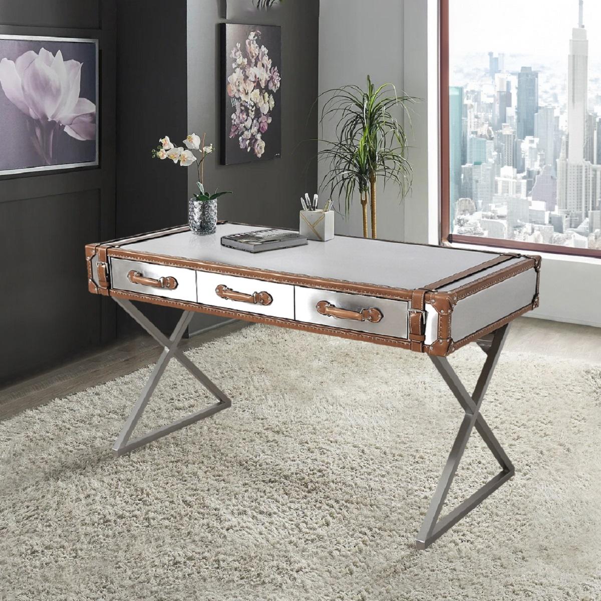 Pasargad - Brookline Desk in Brown/Silver, Stainless Steel/Genuine Leather