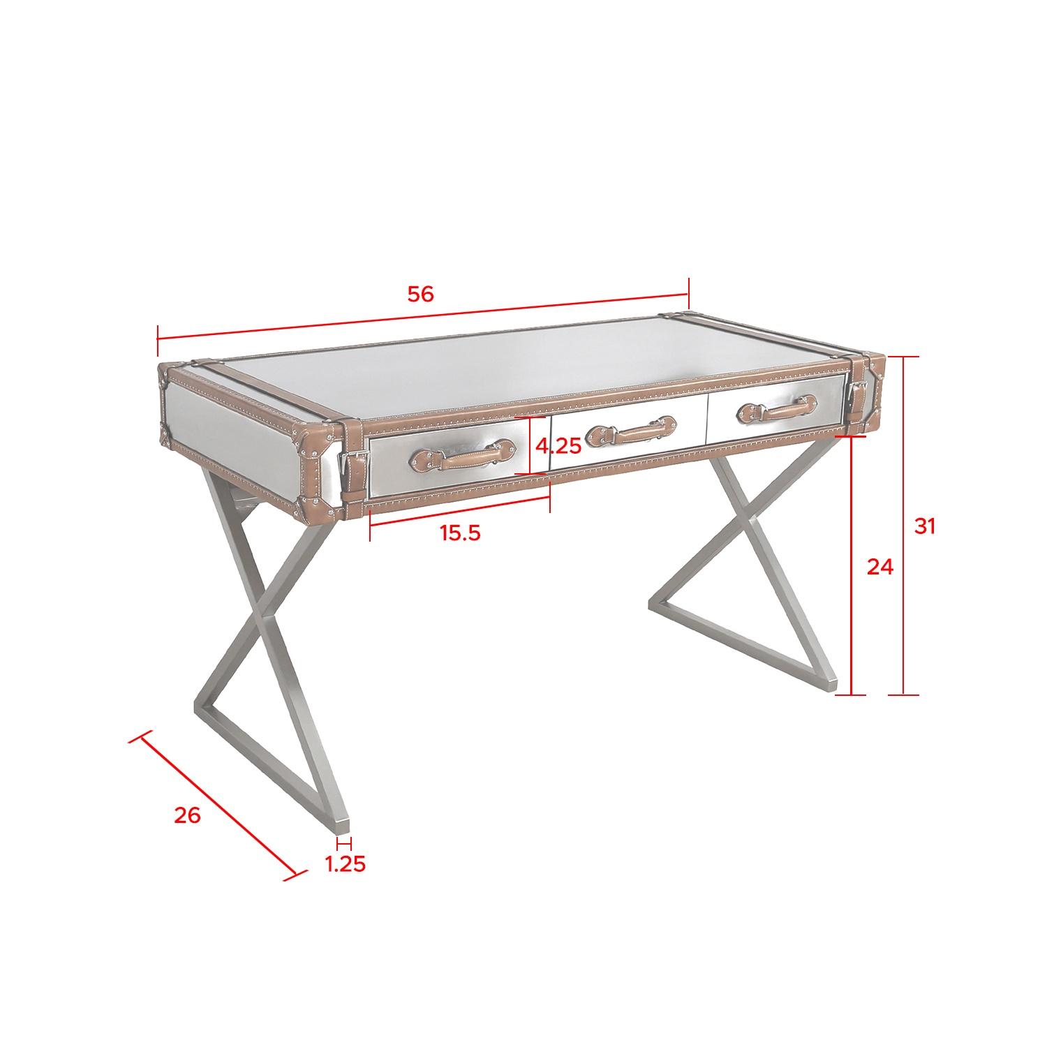 Pasargad - Brookline Desk in Brown/Silver, Stainless Steel/Genuine Leather