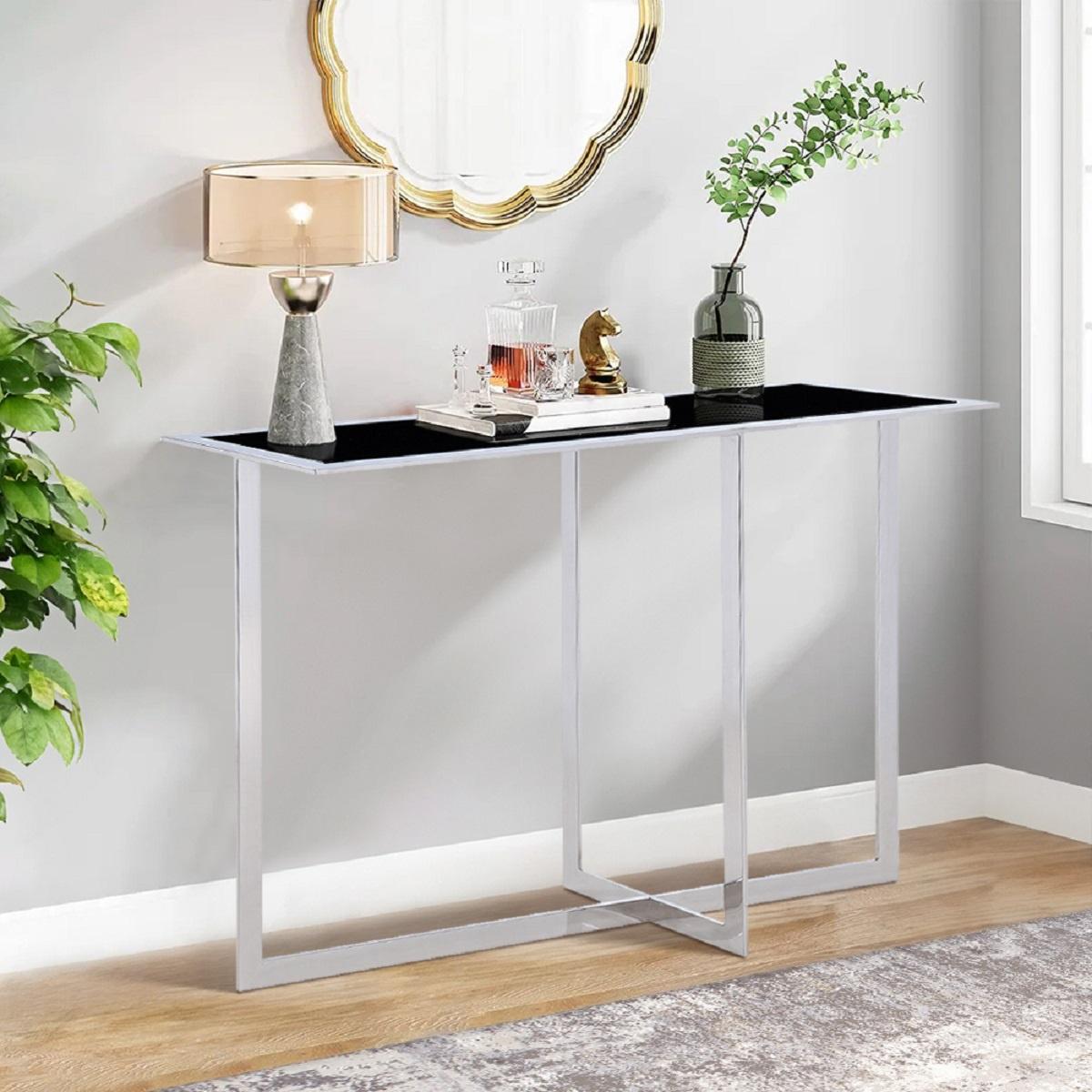 Pasargad™ Luxe Rectangular Console Table - Black/Chrome, Glass/Steel