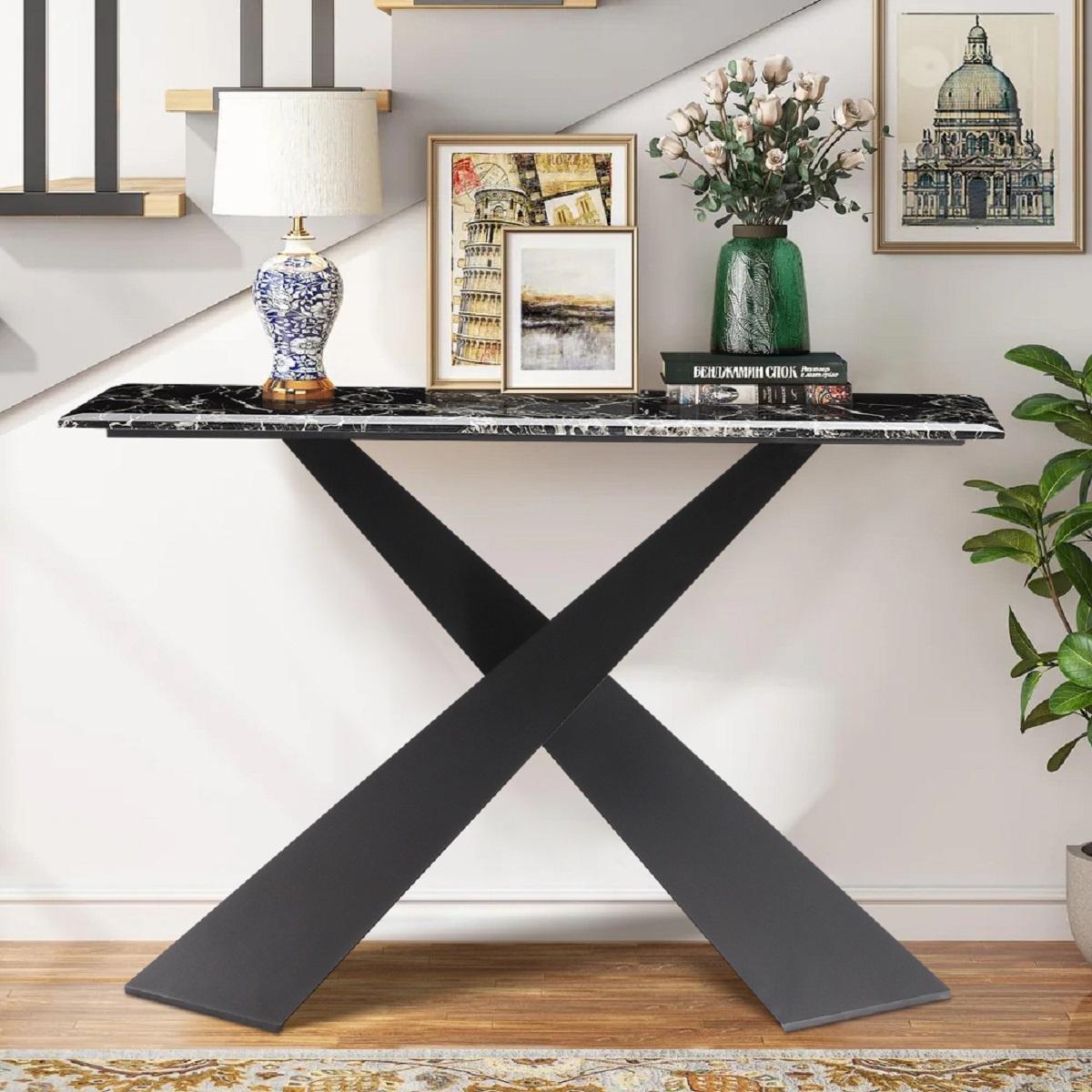 Pasargad - Luxe Rectangular Console Table in Black, Faux Marble