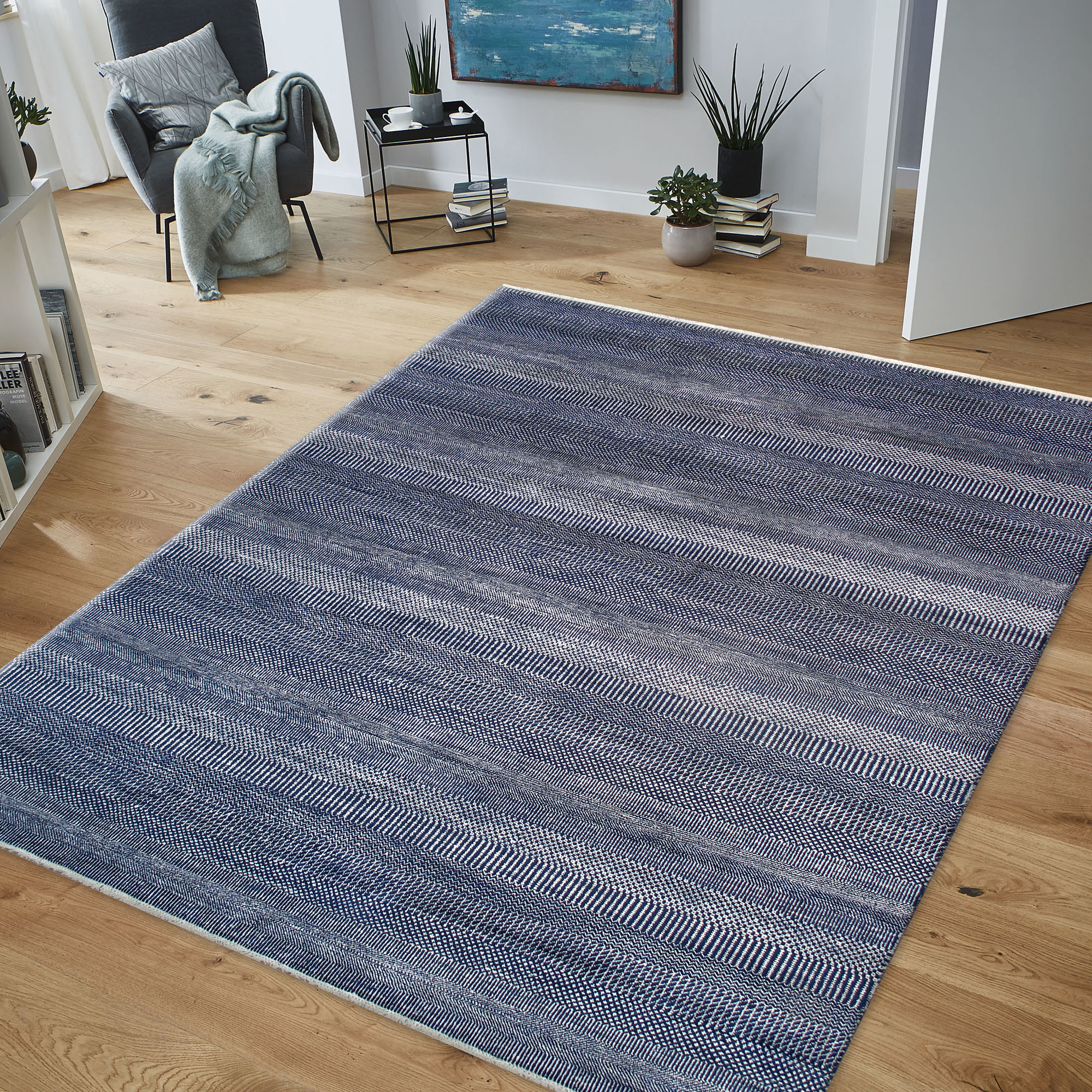 Pasargad Transitiona Collection Fine Bamboo Silk/Wool Area Rug - Navy, 70" x 114" (GRASS-NVY 6x10)