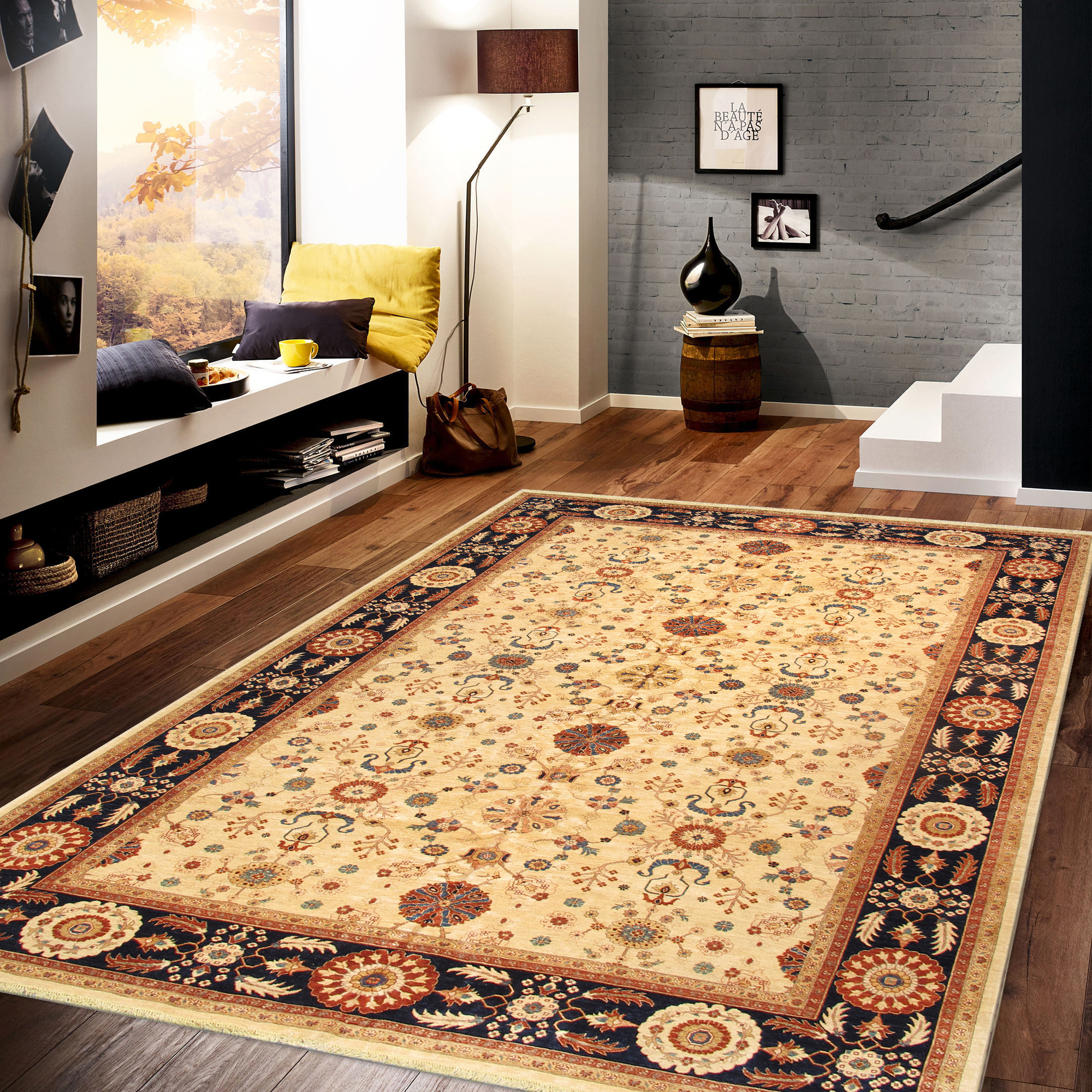 Pasargad Melody Collection Hand-Knotted Lamb's Wool Area Rug - Ivory/Navy, 144" x 212" (P-42 12X18)