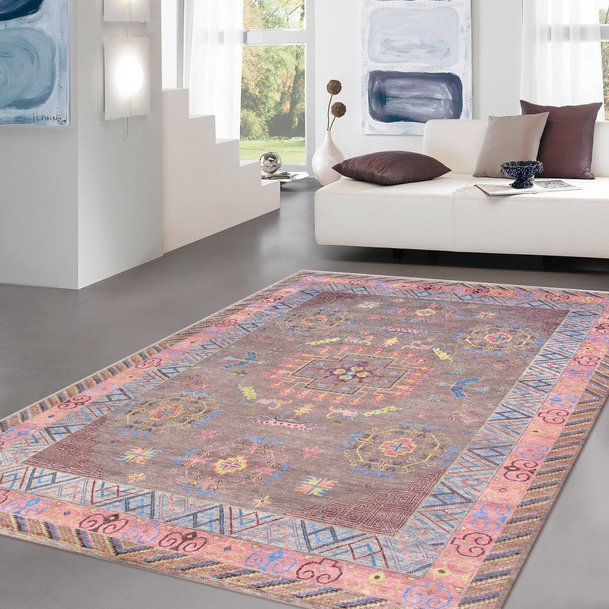 Pasargad - Khotan Collection Hand-Knotted Wool Area Rug in Gray/Rose, 121" x 168" (PA-28A 10x14)