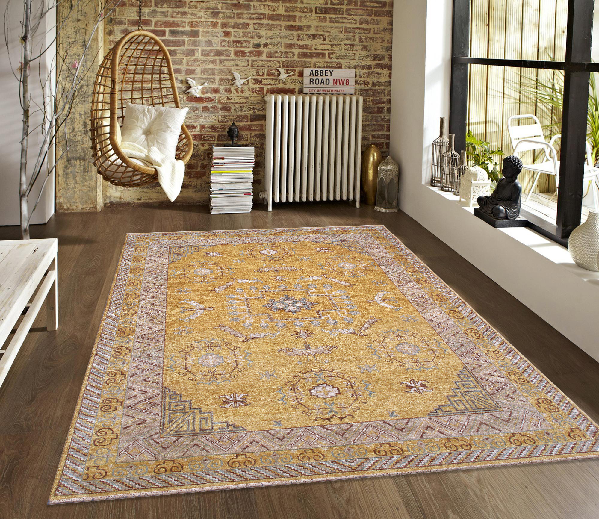 Pasargad - Khotan Collection Hand-Knotted Wool Area Rug in Gold, 107" x 146" (PA-28B 9x12)