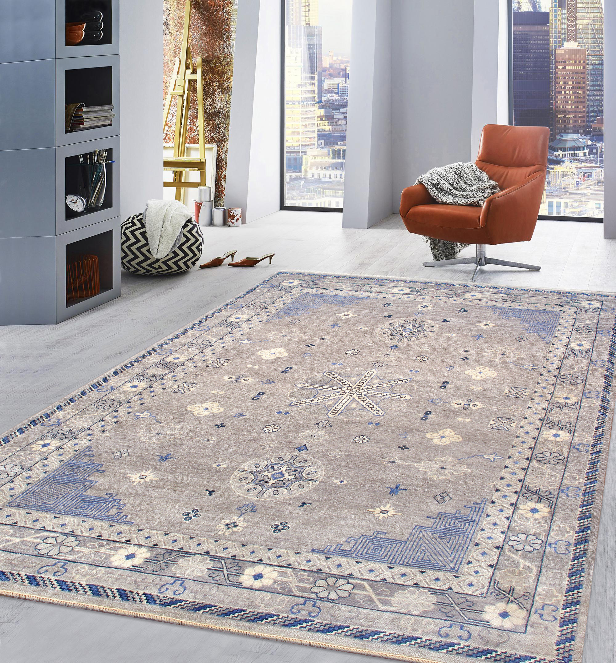 Pasargad - Khotan Collection Hand-Knotted Wool Area Rug in Silver, 109" x 155" (PA-30 9x13)