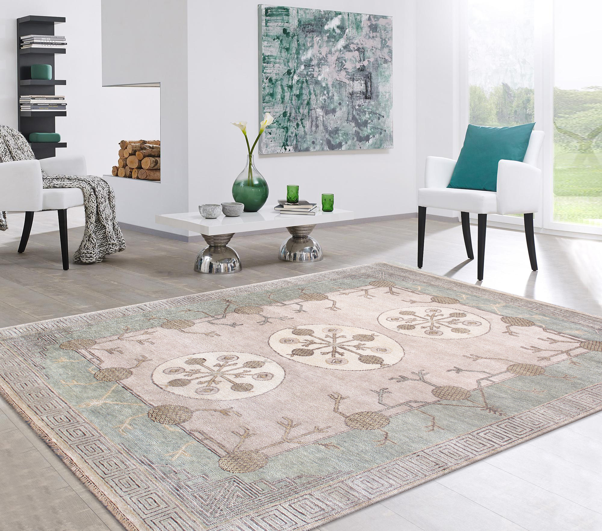 Pasargad - Khotan Collection Hand-Knotted Wool Area Rug in Ivory/L. Green, 98" x 122" (PA-31A 8x10)