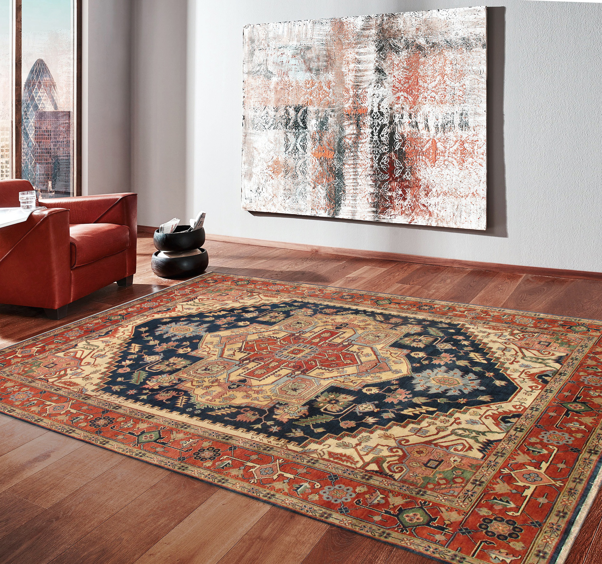 Pasargad - Serapi Collection Hand-Knotted Wool Area Rug in Navy/Rust, 142" x 178" (pb-10b nvy 12x15)