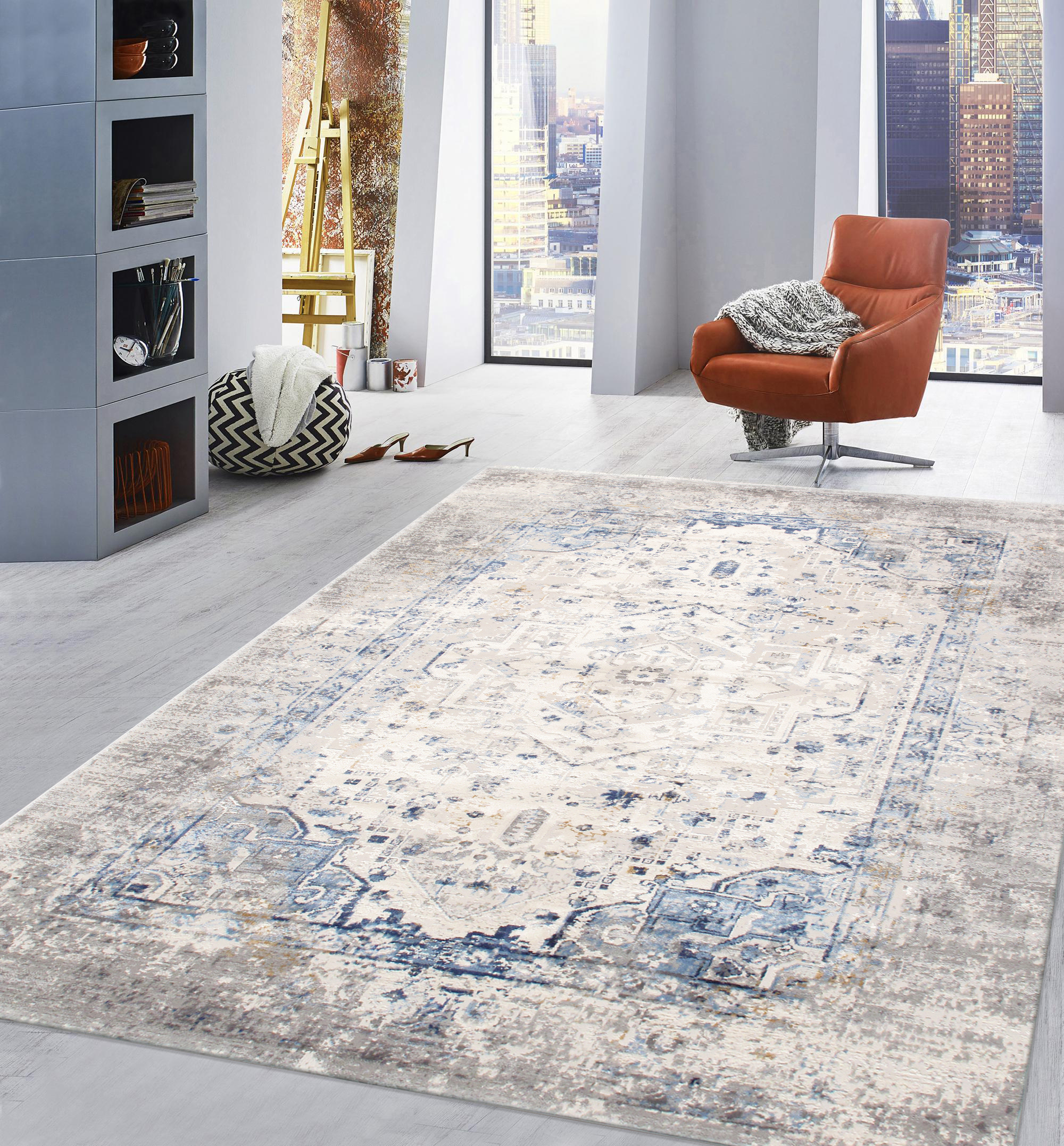 Pasargad Efes Collection Power Loom Polypropylene/Polyester Area Rug - L. Gray/L. Blue, 114" x 162" (pd-169b 10x14)