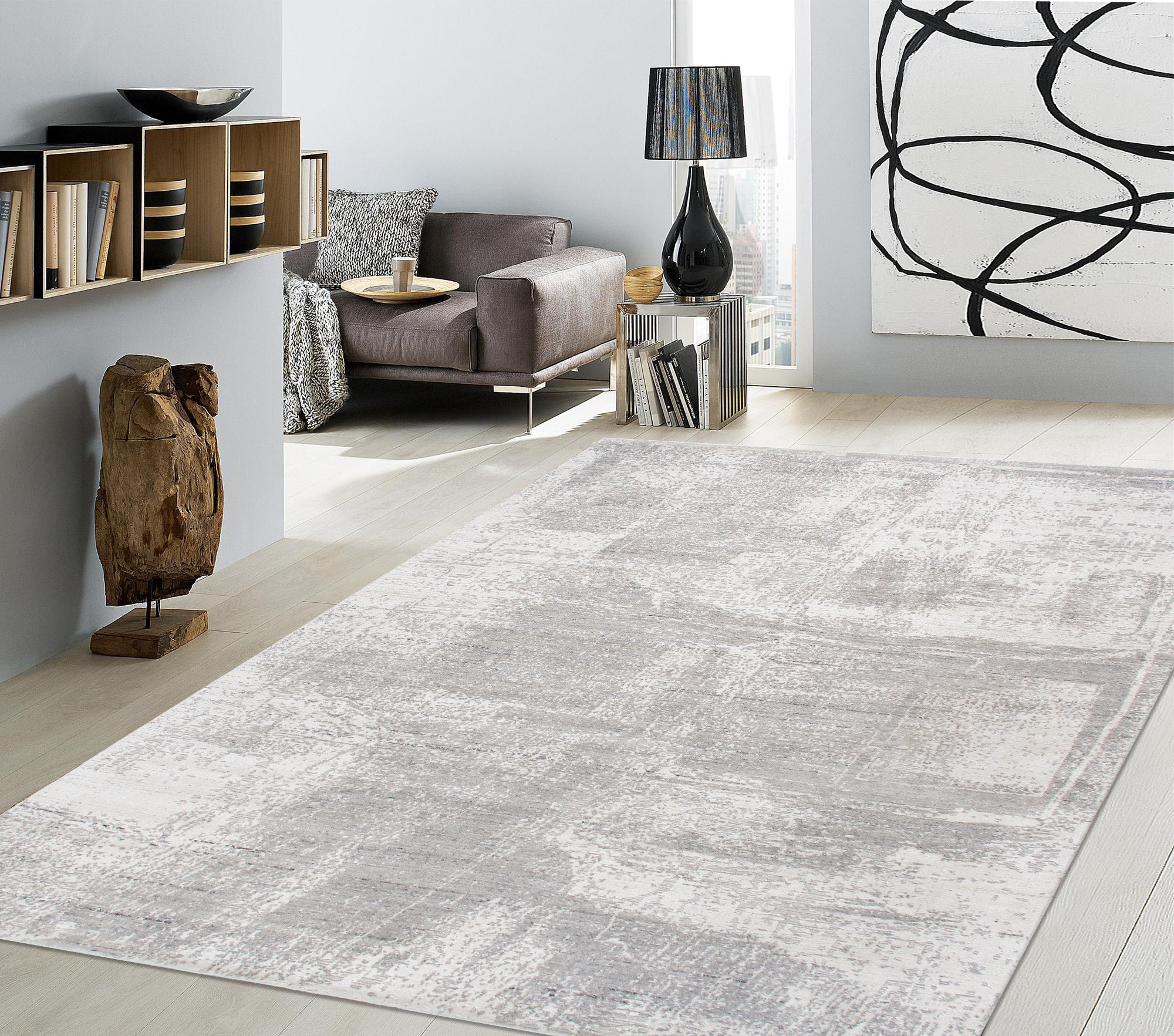 Pasargad - Amari Collection Hand-Loomed Bamboo Silk/Wool Area Rug in Ivory/Gray, 97" x 121" (PDC-137G 8x10)