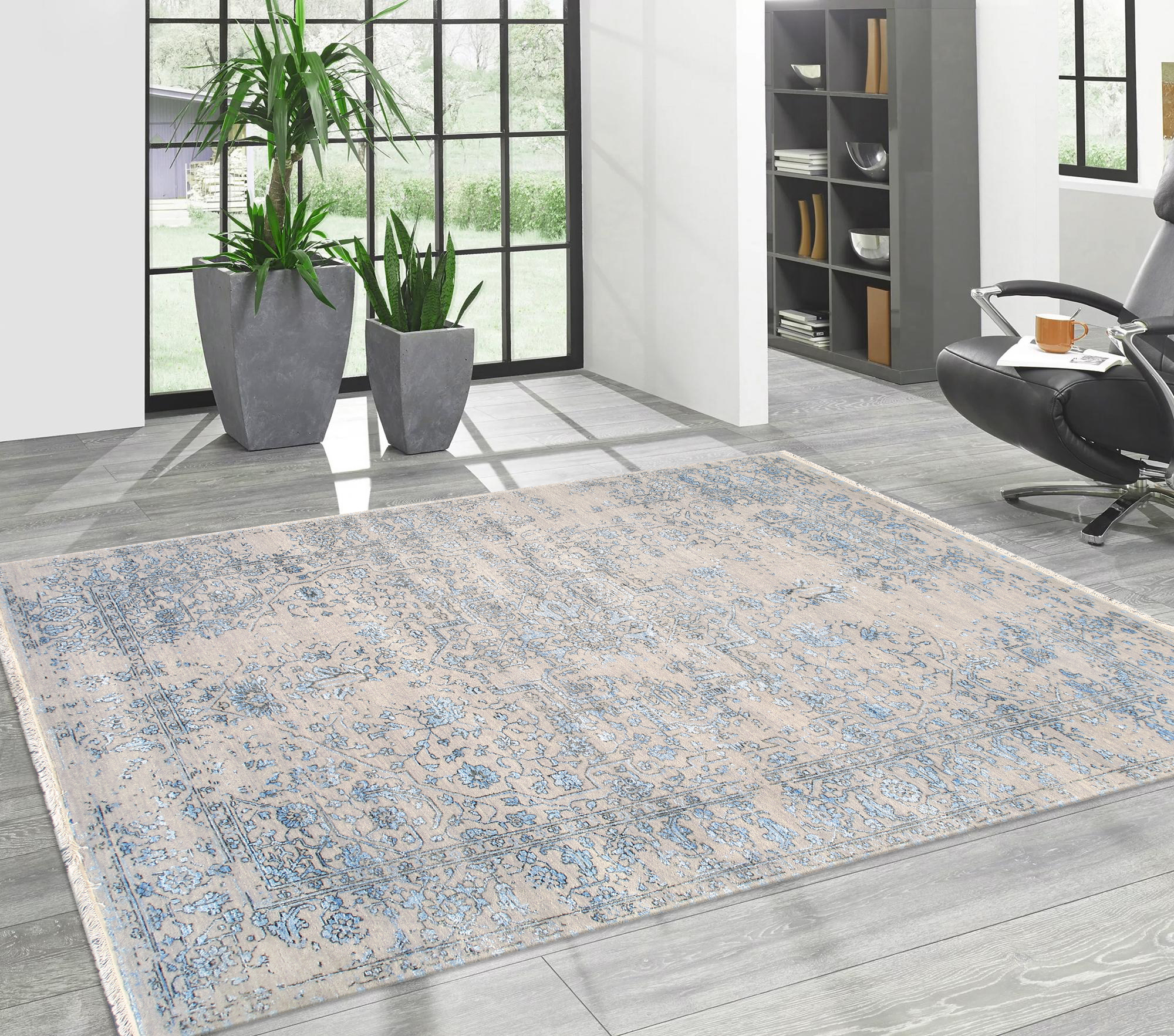 Pasargad - Transitional Collection Hand-Knotted Bamboo Silk/Wool Area Rug in Silver/L. Blue, 69" x 108" (pdc-1866 6x9)