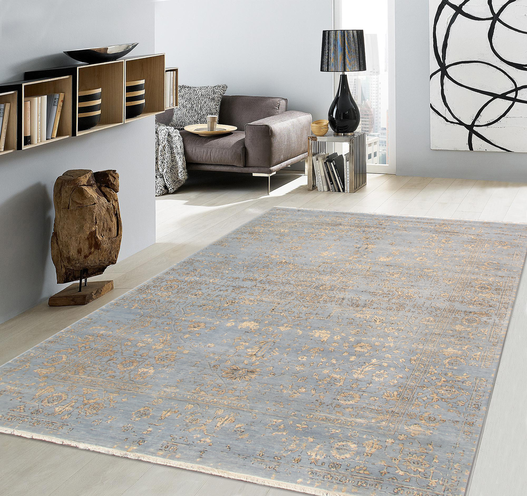 Pasargad - Transitional Collection Hand-Knotted Bamboo Silk/Wool Area Rug in L. Blue/Gold, 107" x 141" (pdc-1980 9x12)