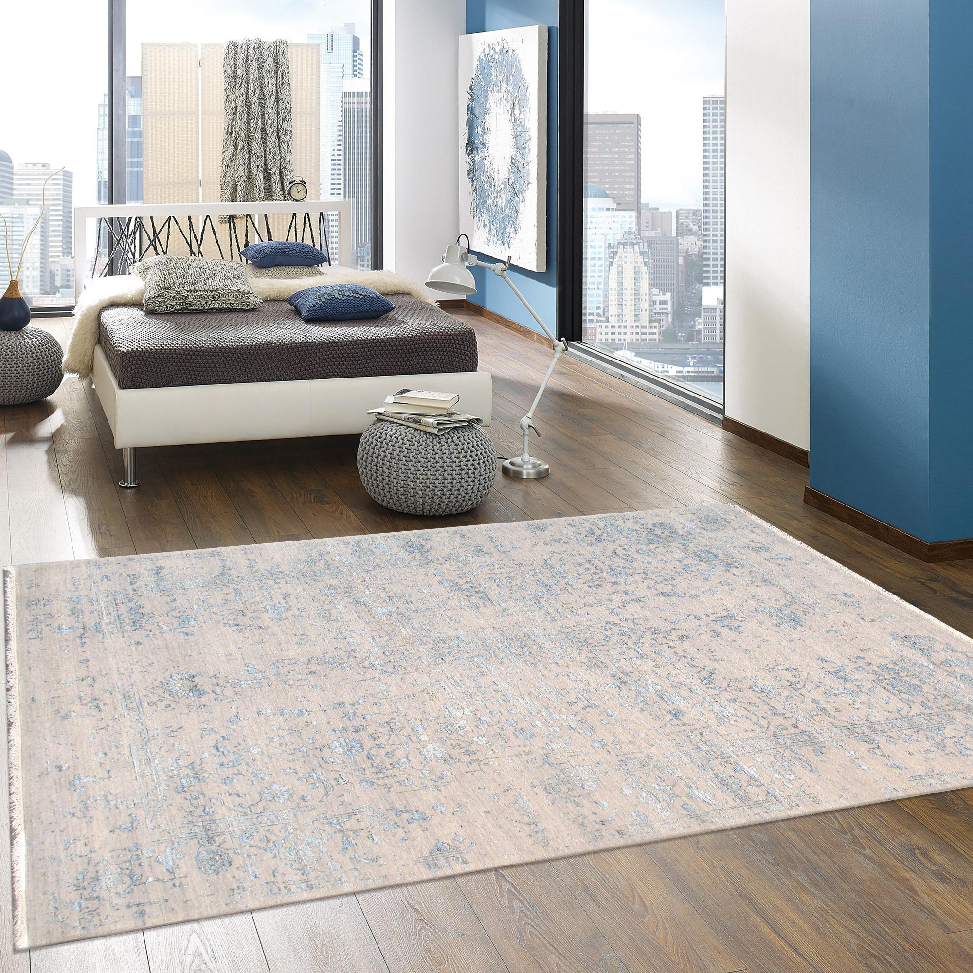 Pasargad - Transitional Collection Hand-Knotted Bamboo Silk/Wool Area Rug in Silver/L. Blue, 71" x 108" (pdc-245 6x9)