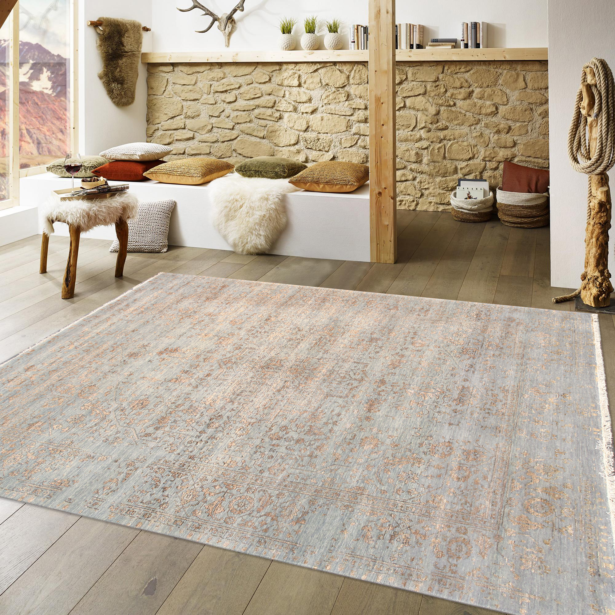 Pasargad - Transitional Collection Hand-Knotted Bamboo Silk/Wool Area Rug in Blue/Gold, 93" x 120" (pdc-2779 8x10)