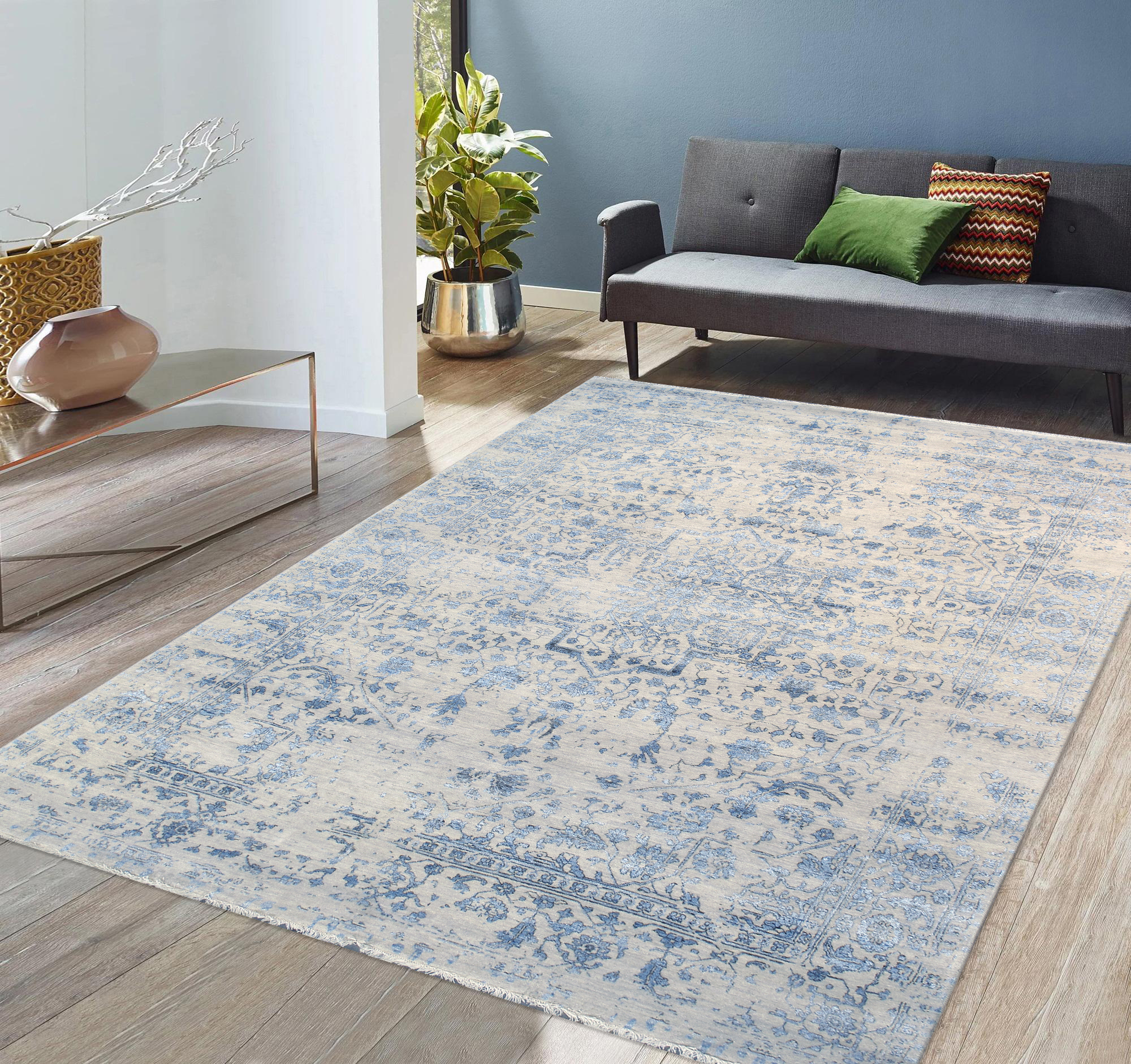 Pasargad - Transitional Collection Hand-Knotted Bamboo Silk/Wool Area Rug in Silver/Blue, 101" x 140" (pdc-3405 8x12)