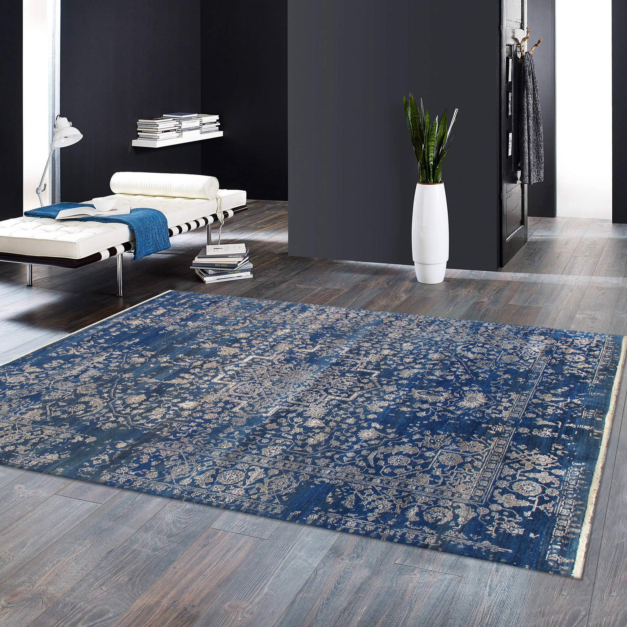 Pasargad - Transitional Collection Hand-Knotted Bamboo Silk/Wool Area Rug in Blue/Silver, 108" x 142" (pdc-757 9x12)