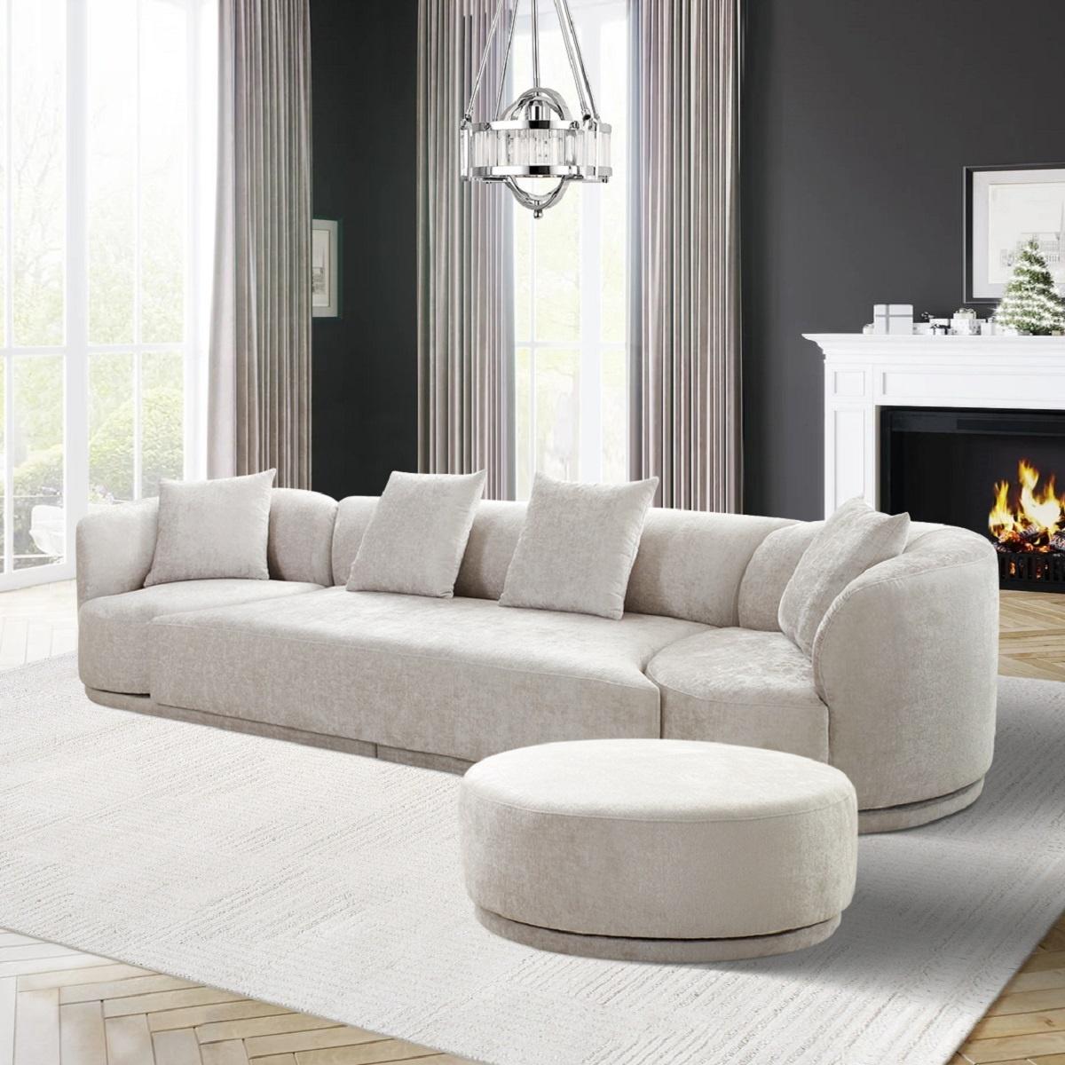 Pasargad - Cielo Sofa Set with Swivel Chairs and Ottoman in Beige, Poly Fabric