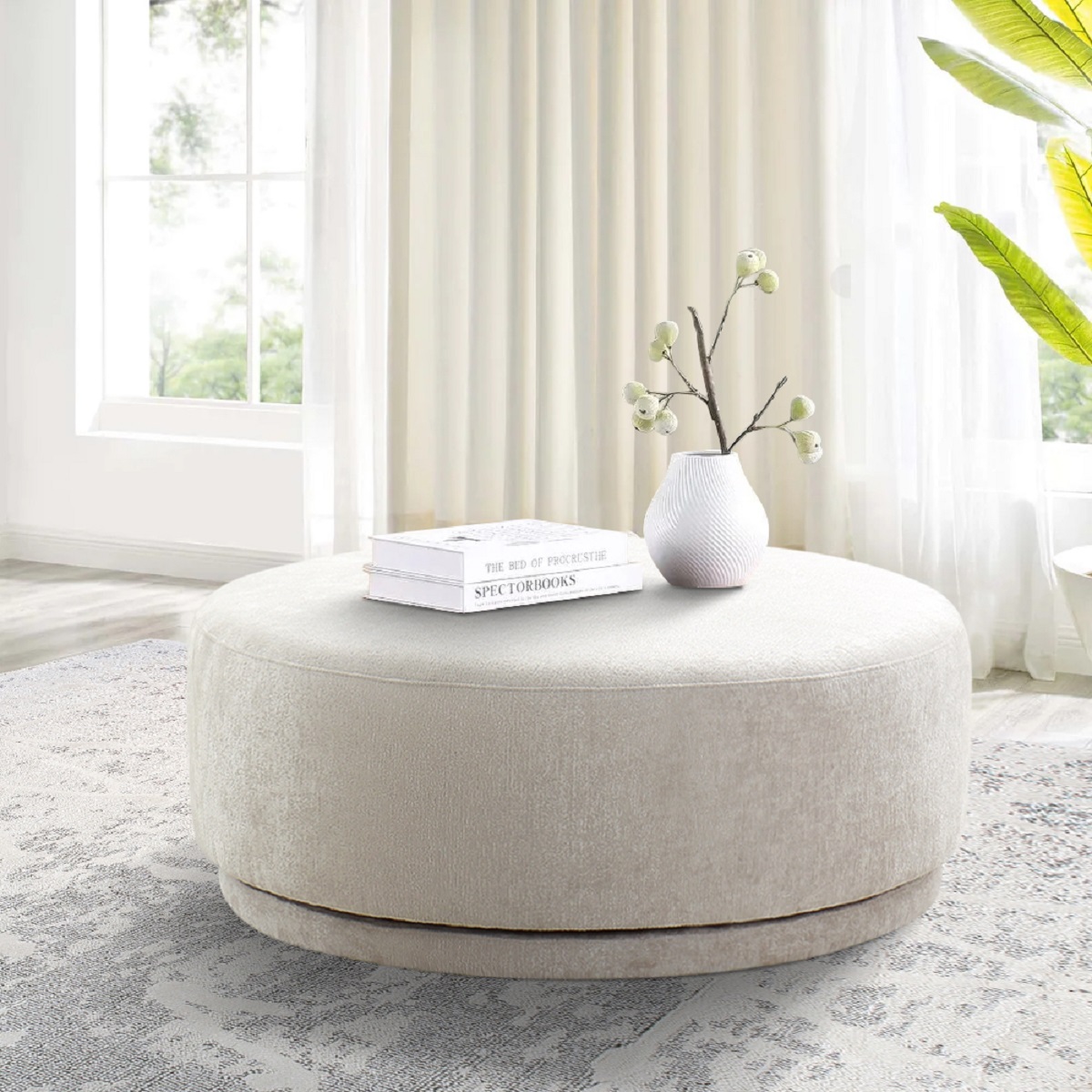 Pasargad Cielo Swivel Base Ottoman - Beige, Poly Fabric