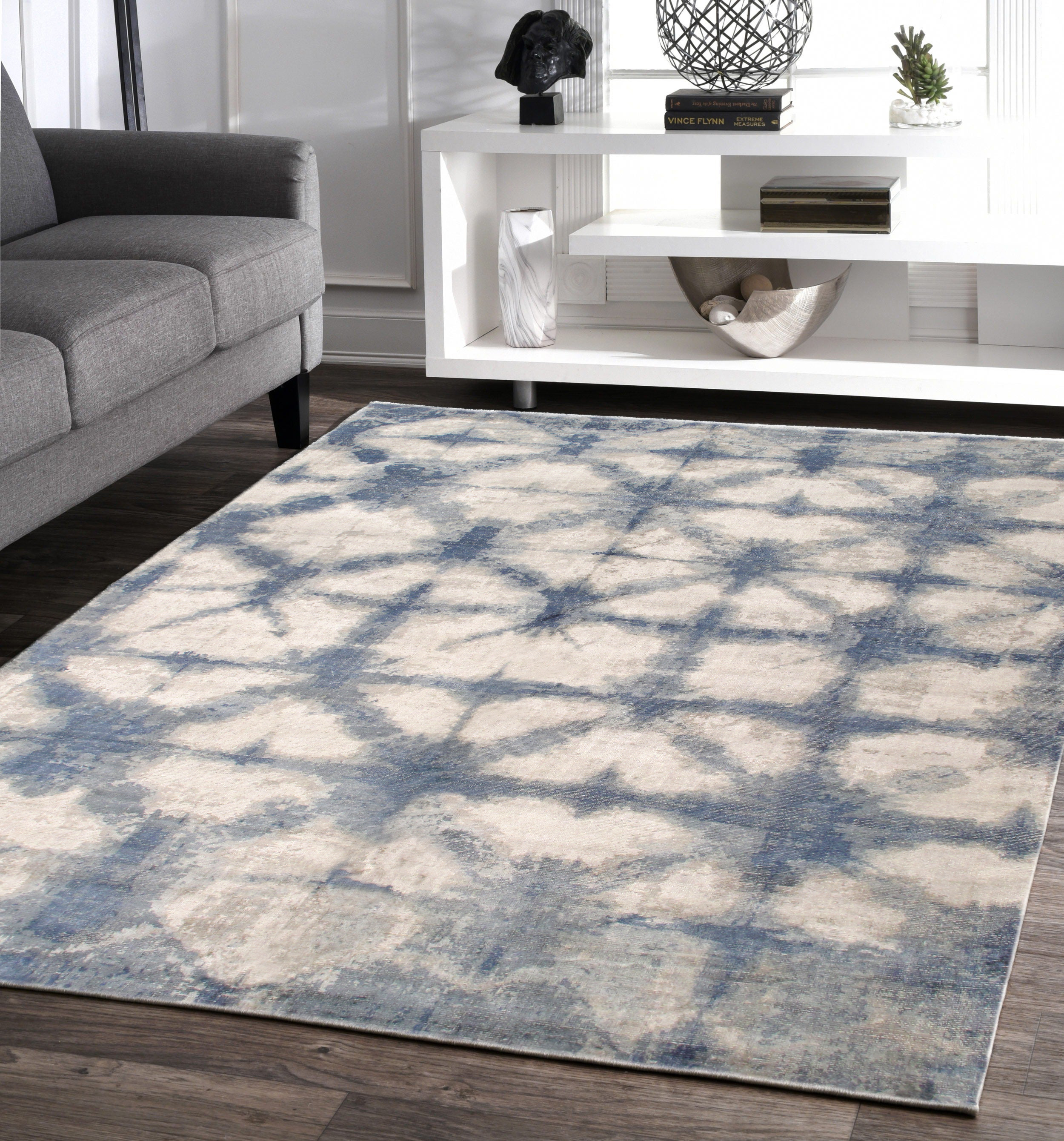 Pasargad Shibori Collection Hand-Loomed Bamboo Silk/Wool Area Rug - Silver/Blue, 96" x 120" (PEL-12 8x10)