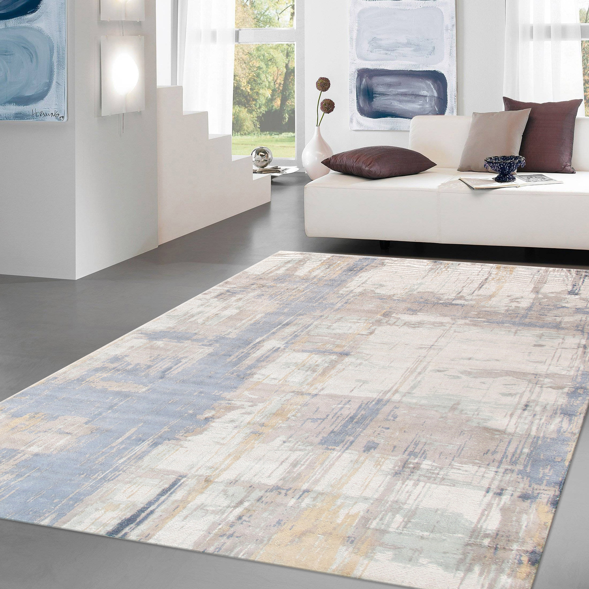 Pasargad Modern Collection Hand-Loomed Bamboo Silk/Wool Area Rug - Ivory/Blue, 120" x 168" (PEL-17 10X14)