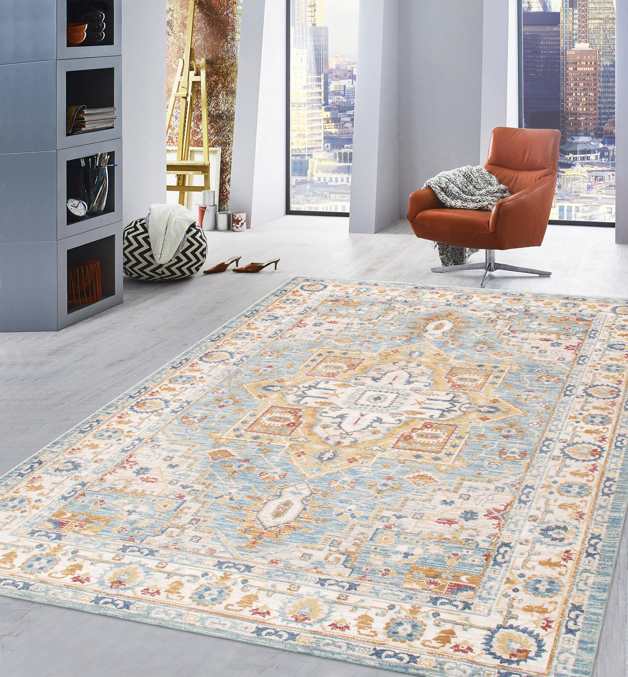 Pasargad Heritage Collection Power Loom Polypropylene/Polyester Area Rug - L. Blue/Ivory, 48" x 72" (pfh-02 4x6)