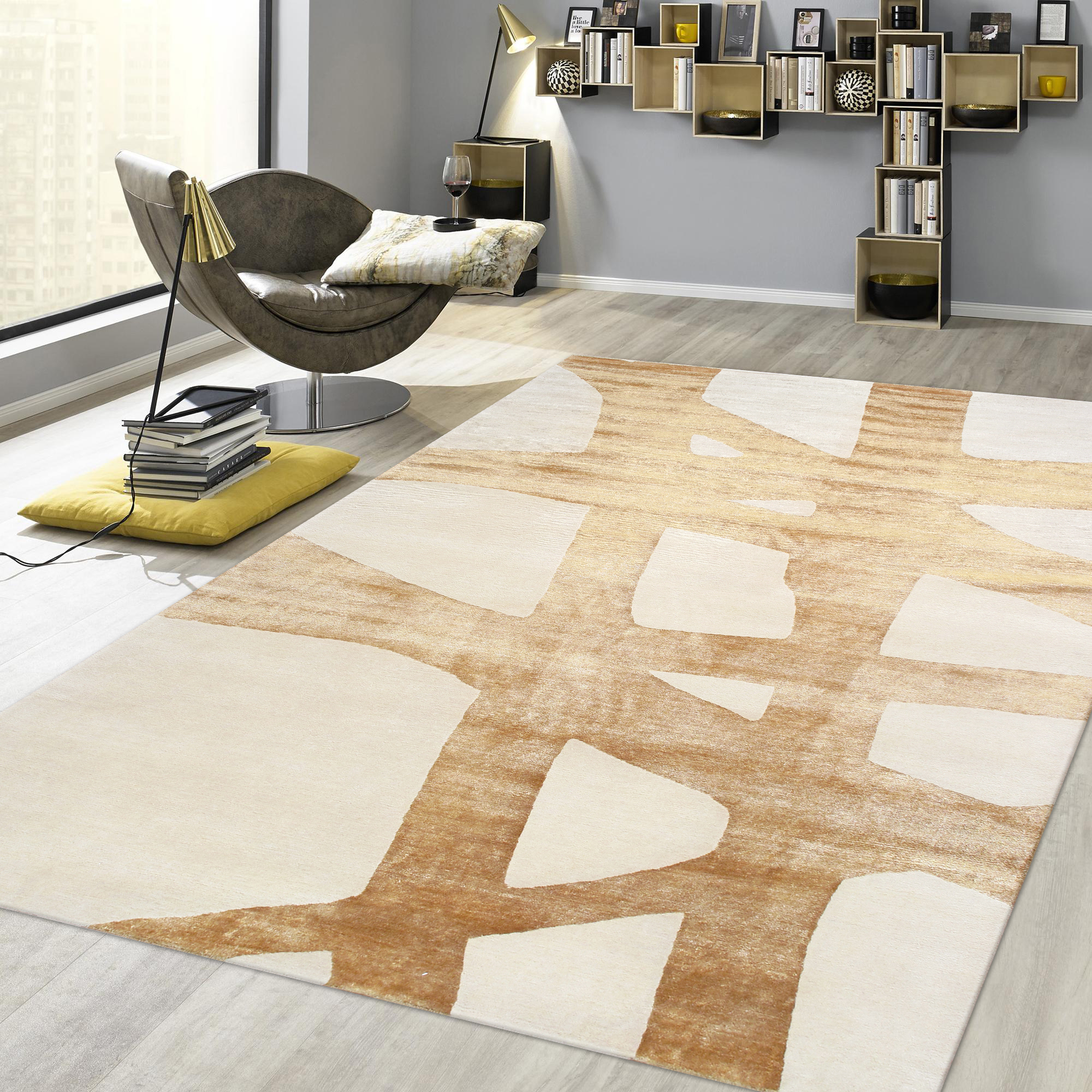 Pasargad Modern Collection Hand-Knotted Silk/Wool Area Rug - Ivory/Gold, 120" x 170" (PG-1640-1 10x14)