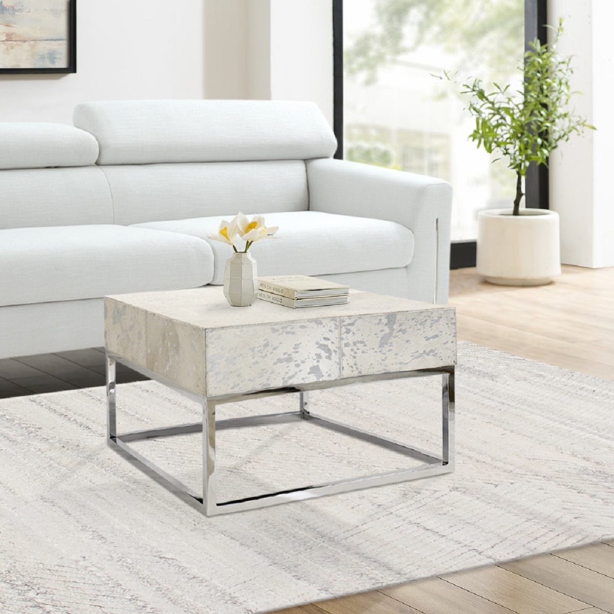 Pasargad - Safari Square Coffee Table in Silver, Cowhide/Steel