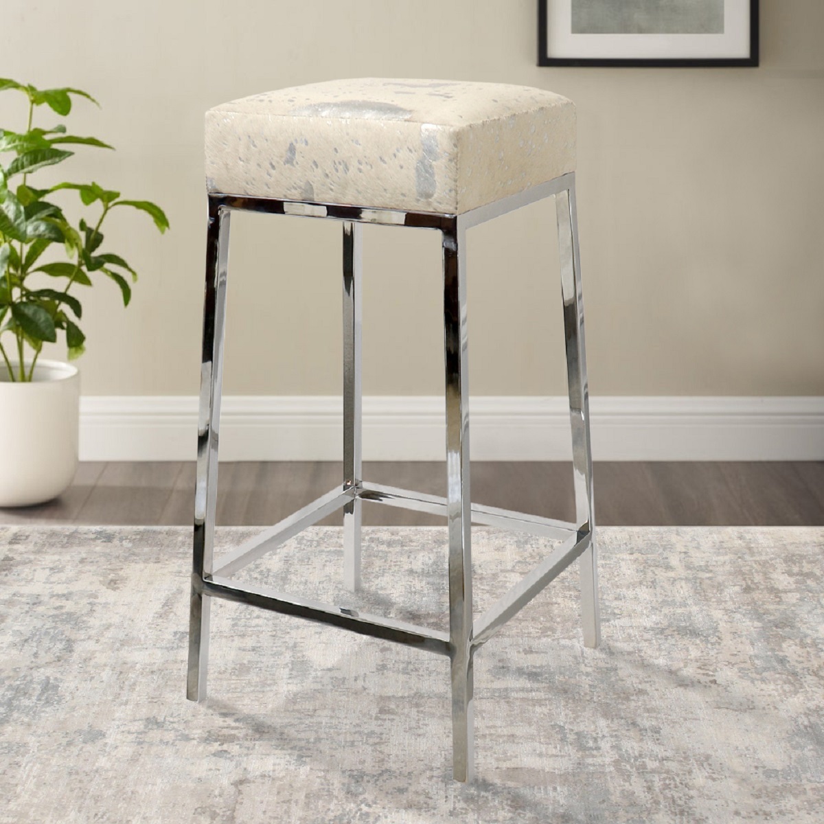 Pasargad - Safari Bar Stool in Silver, Cowhide/Steel