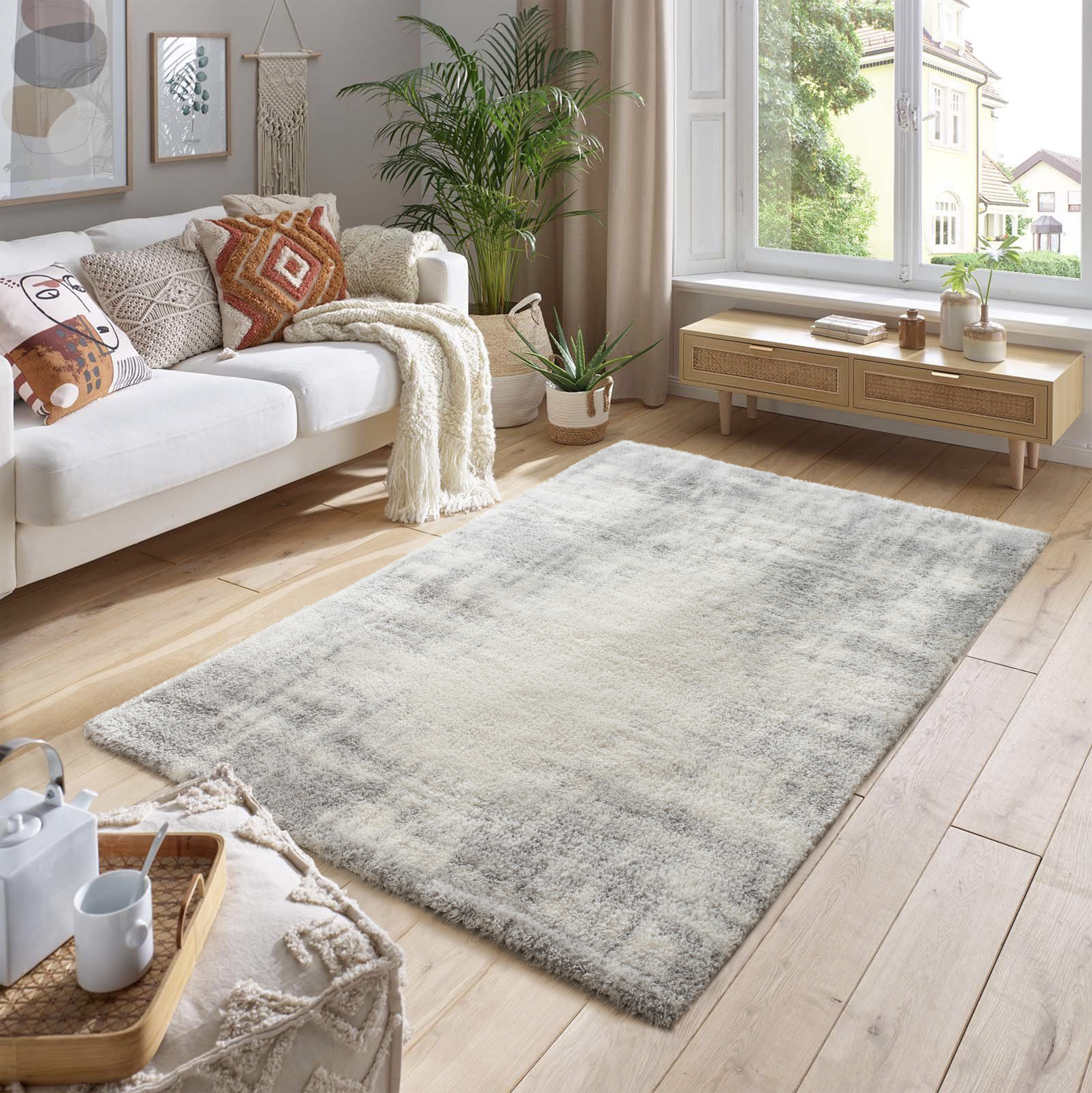 Pasargad Paris Shag Collection Power-Loomed Polyester Area Rug - Ivory/Gray, 116" x 157" (PJS-676 10x13)