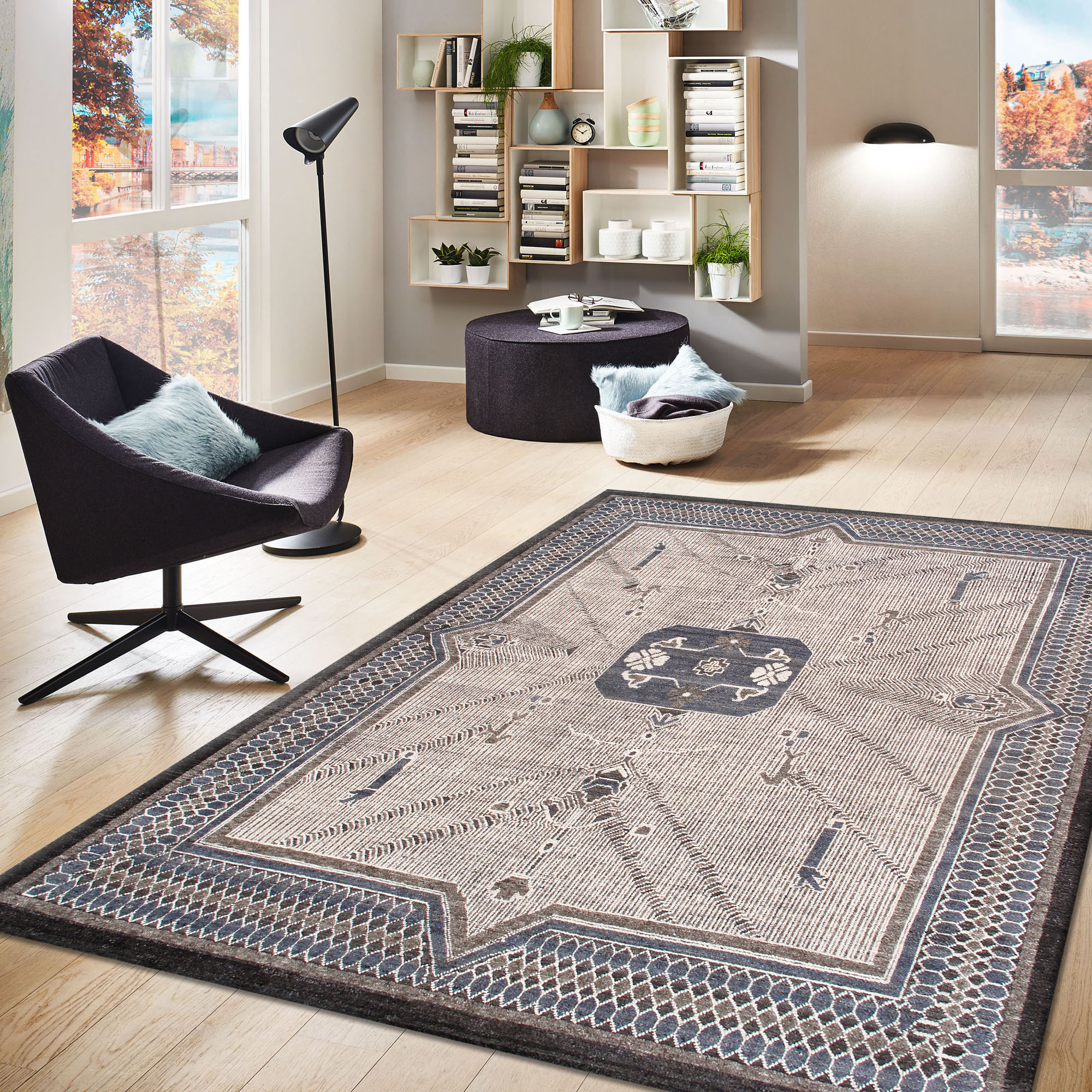 Pasargad - Khotan Collection Hand-Knotted Wool Area Rug in Ivory/Charcoal, 111" x 138" (pkh-520A 9x12)