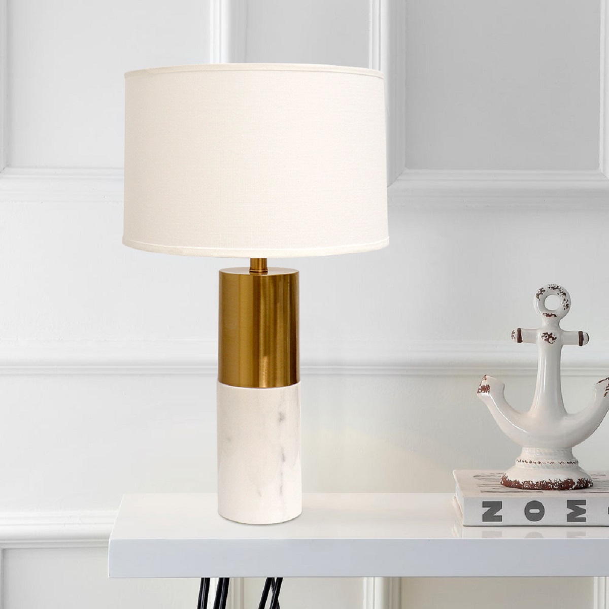 Pasargad - Rhoda Table Lamp in White/Gold, Marble