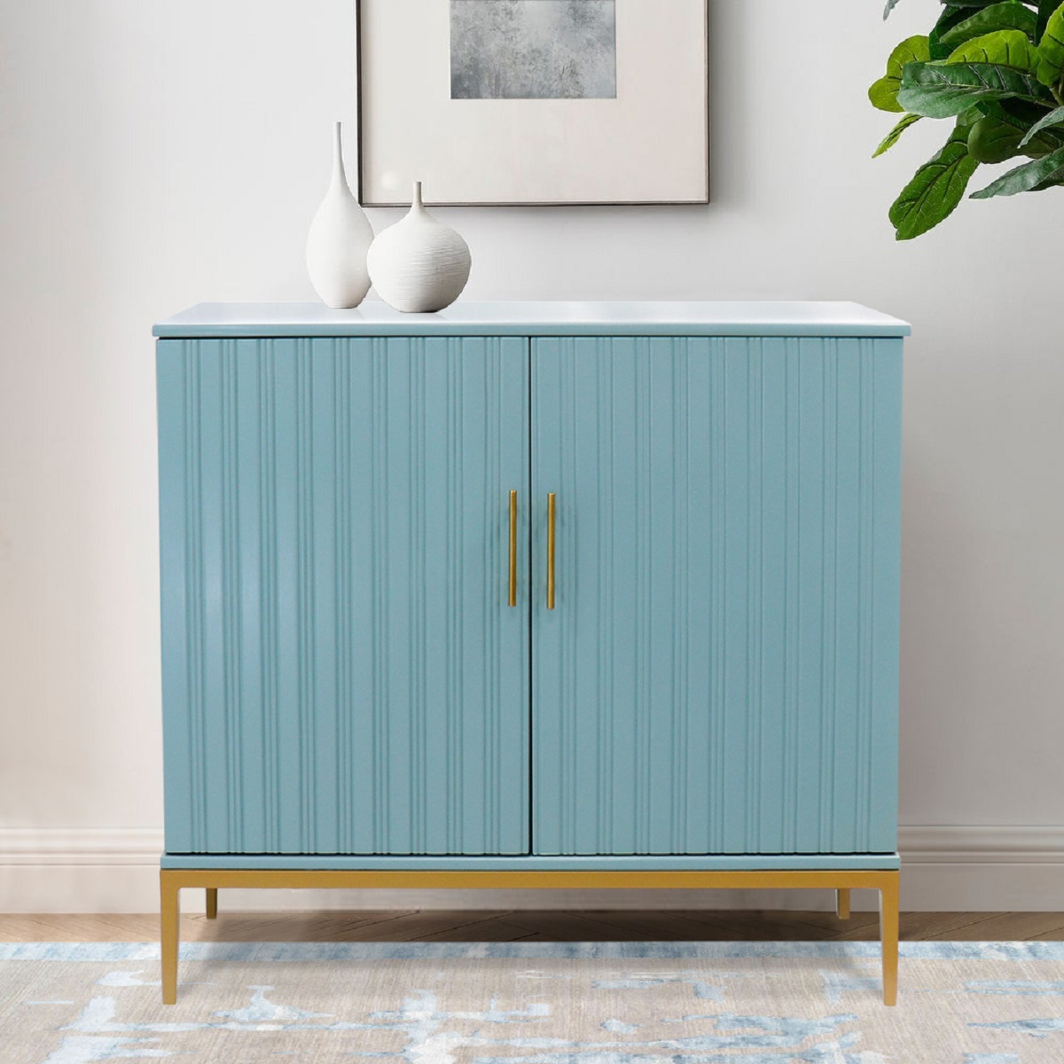 Pasargad - Edgar Metal Frame Cabinet in Aqua/Gold, Wood