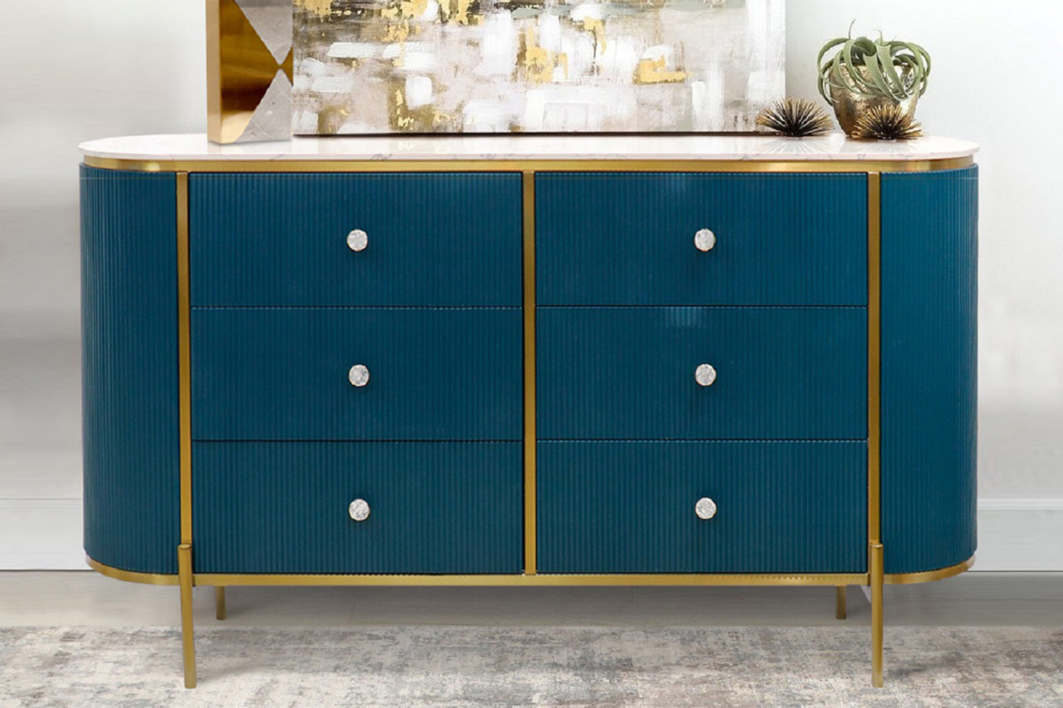 Pasargad - Theodore Green Sideboard, 6 Drawers and Gold Polished Metal Frame