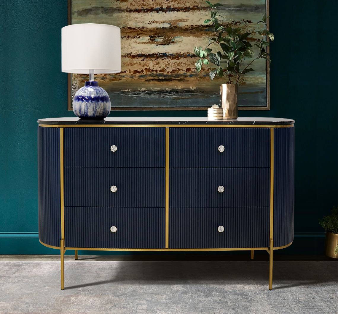 Pasargad - Theodore Marble Top Sideboard in Navy/Gold, Wood