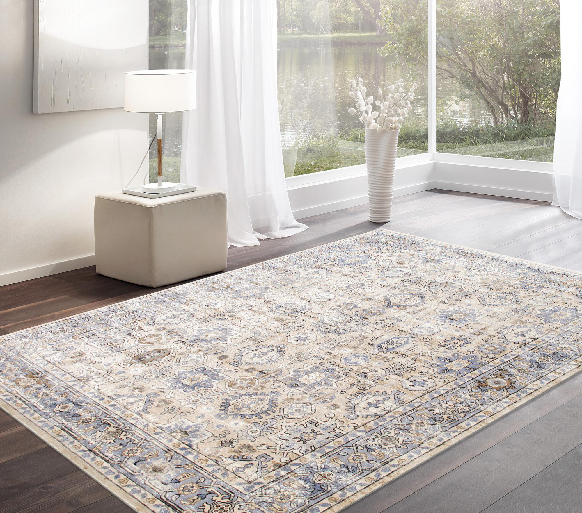 Pasargad - Amadeus Collection Power Loom Polypropylene/Polyester Area Rug in Beige/Blue, 72" x 72" (prc-1022bb s 6x6)