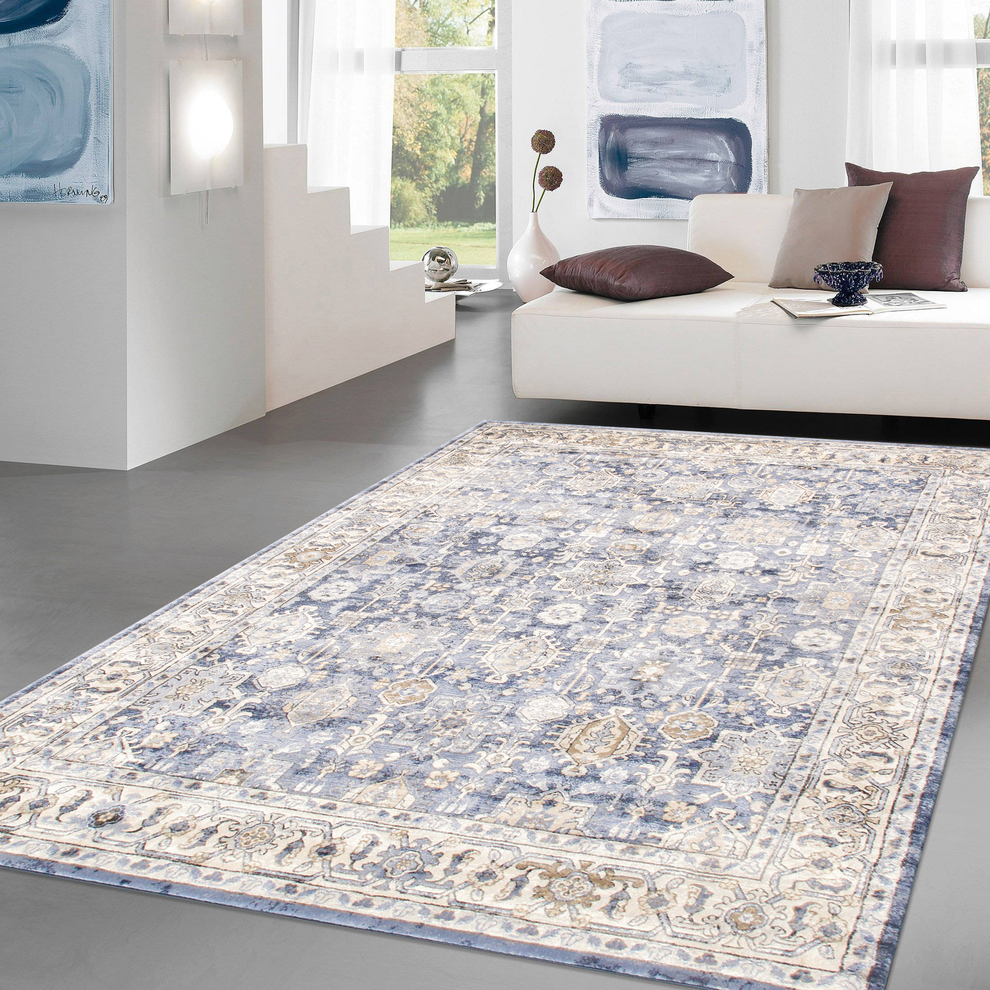 Pasargad - Amadeus Collection Power-Loomed Polypropylene/Polyester Area Rug in Blue/Ivory, 60" x 84" (prc-1022bi 5x7)