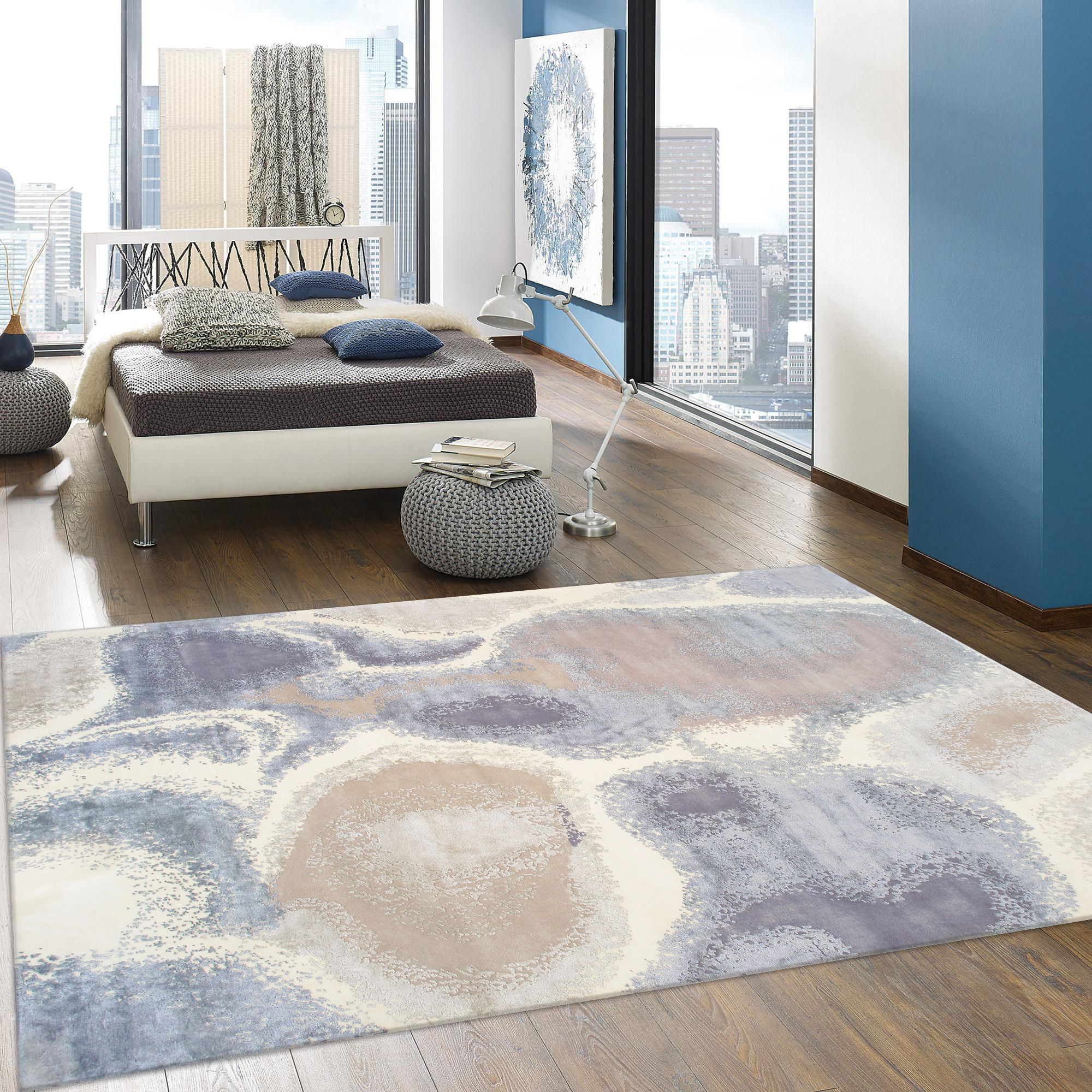 Pasargad - Modern Collection Hand-Knotted Silk/Wool Area Rug in Ivory/Blue, 109" x 146" (prj-72 9x12)