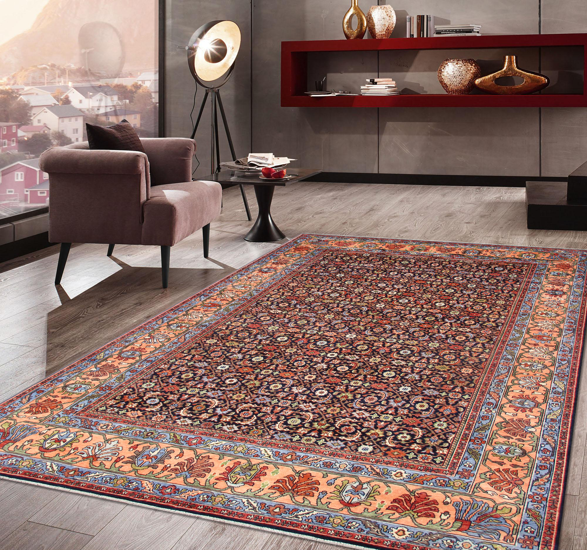 Pasargad Herati Collection Hand-Knotted Wool Area Rug - Navy/Peach, 106" x 144" (ps-37-2 9x12)