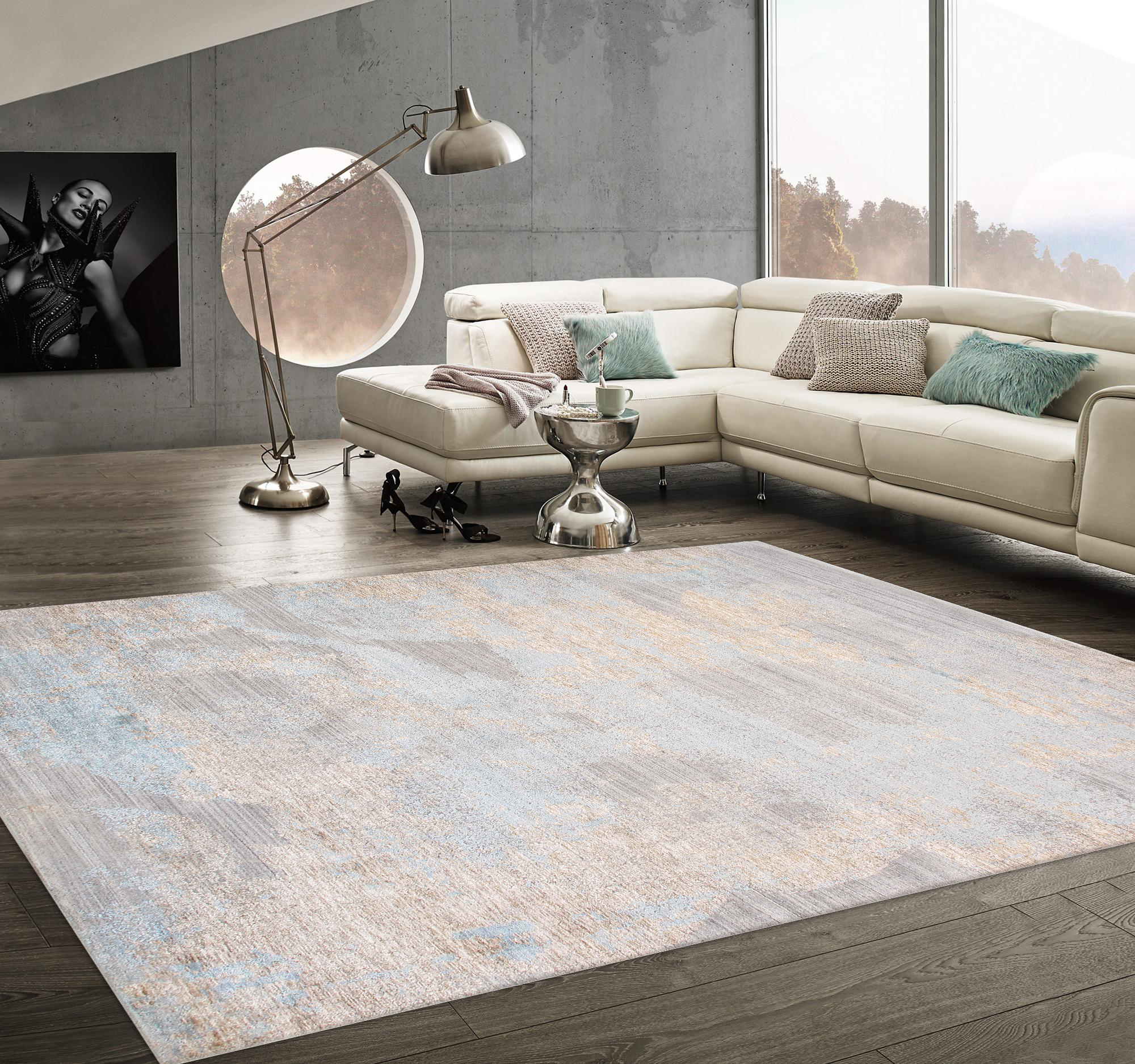 Pasargad Malibu Collection Hand-Loomed Bamboo Silk Area Rug - Gray/Aqua, 72" x 108" (psh-03 6x9)