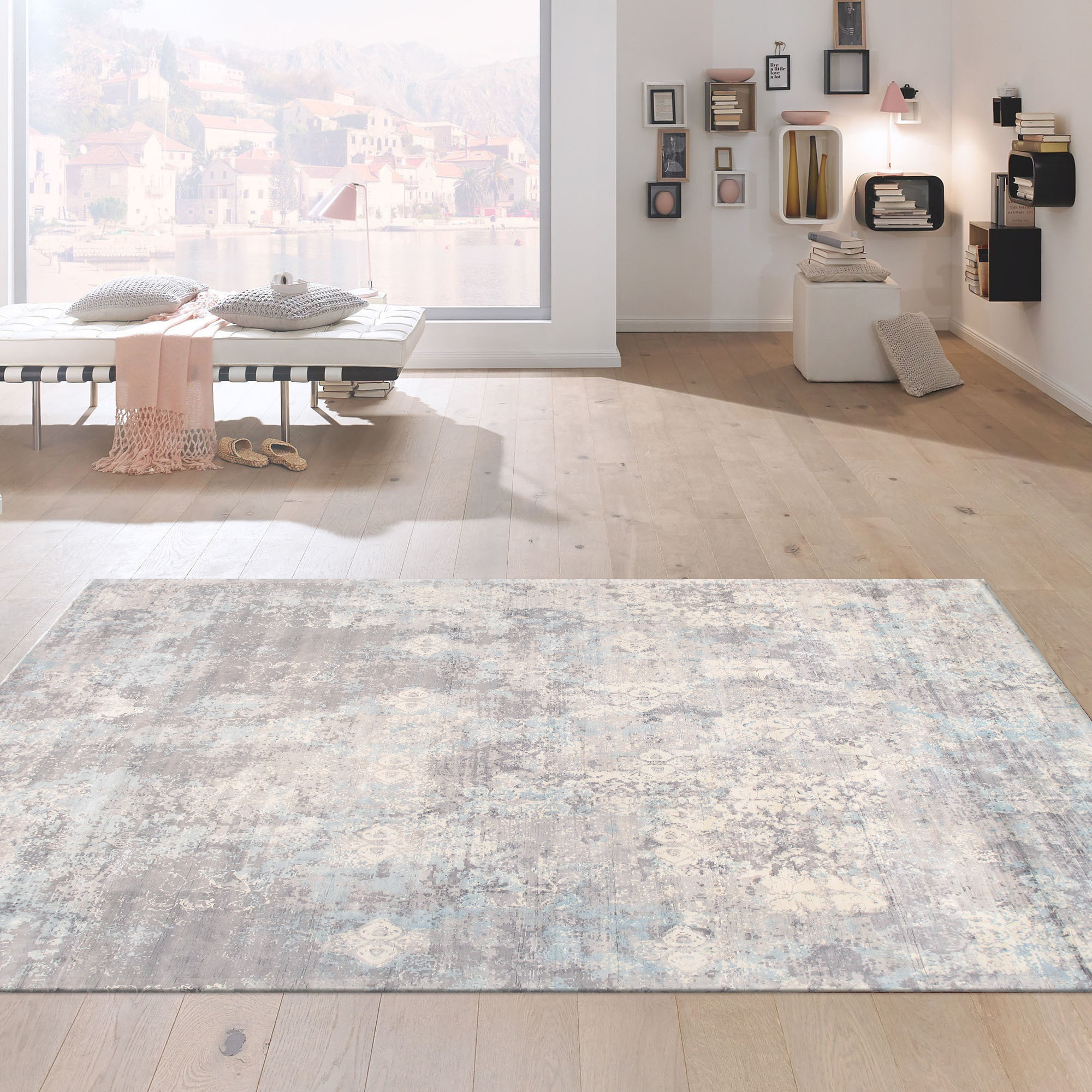 Pasargad Mirage Collection Hand-Loomed Bamboo Silk Area Rug - Gray/Aqua, 120" x 168" (psh-27 10x14)