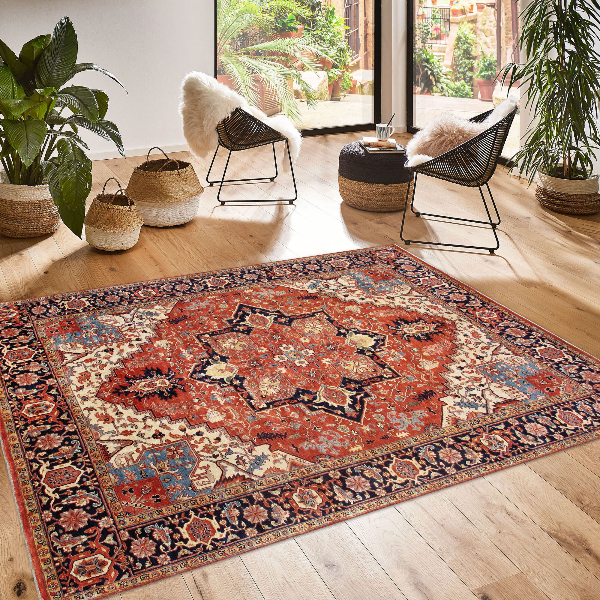 Pasargad - Serapi Collection Hand-Knotted Wool Area Rug in Red/Navy, 92" x 118" (PSJ-3059b 8x10)