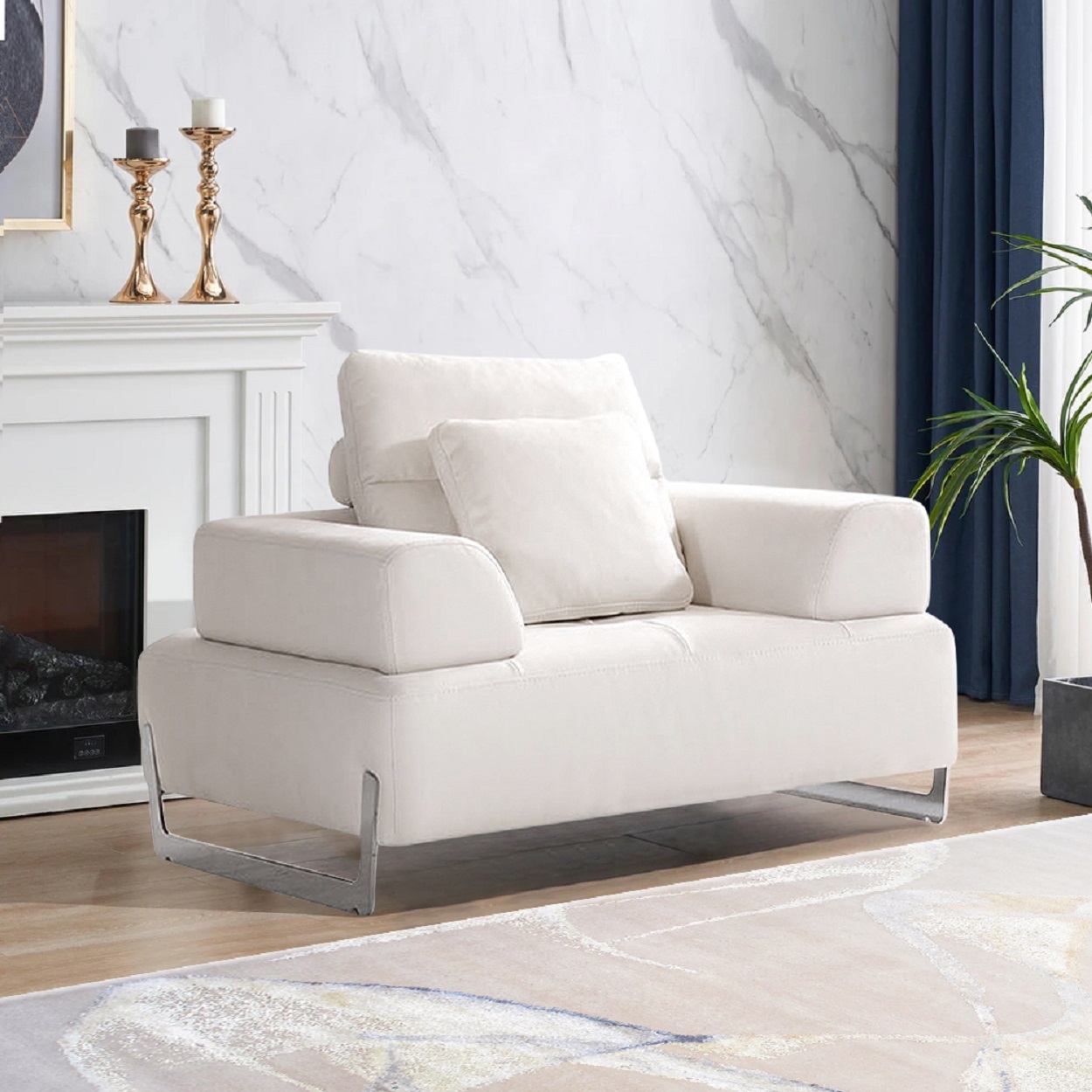 Pasargad - Ravenna Accent Chair with Sliding Backrest and Armrest in White/Chrome, Faux Suede