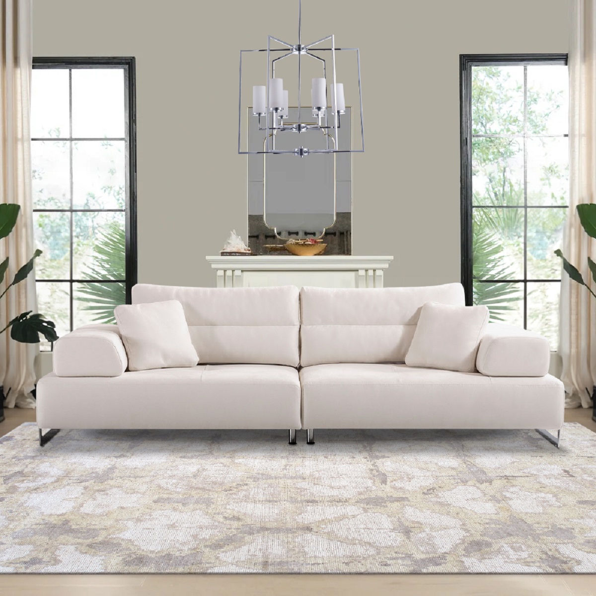 Pasargad - Positano Ravenna Sofa with Sliding Backrest and Armrest in White/Chrome, Faux Suede