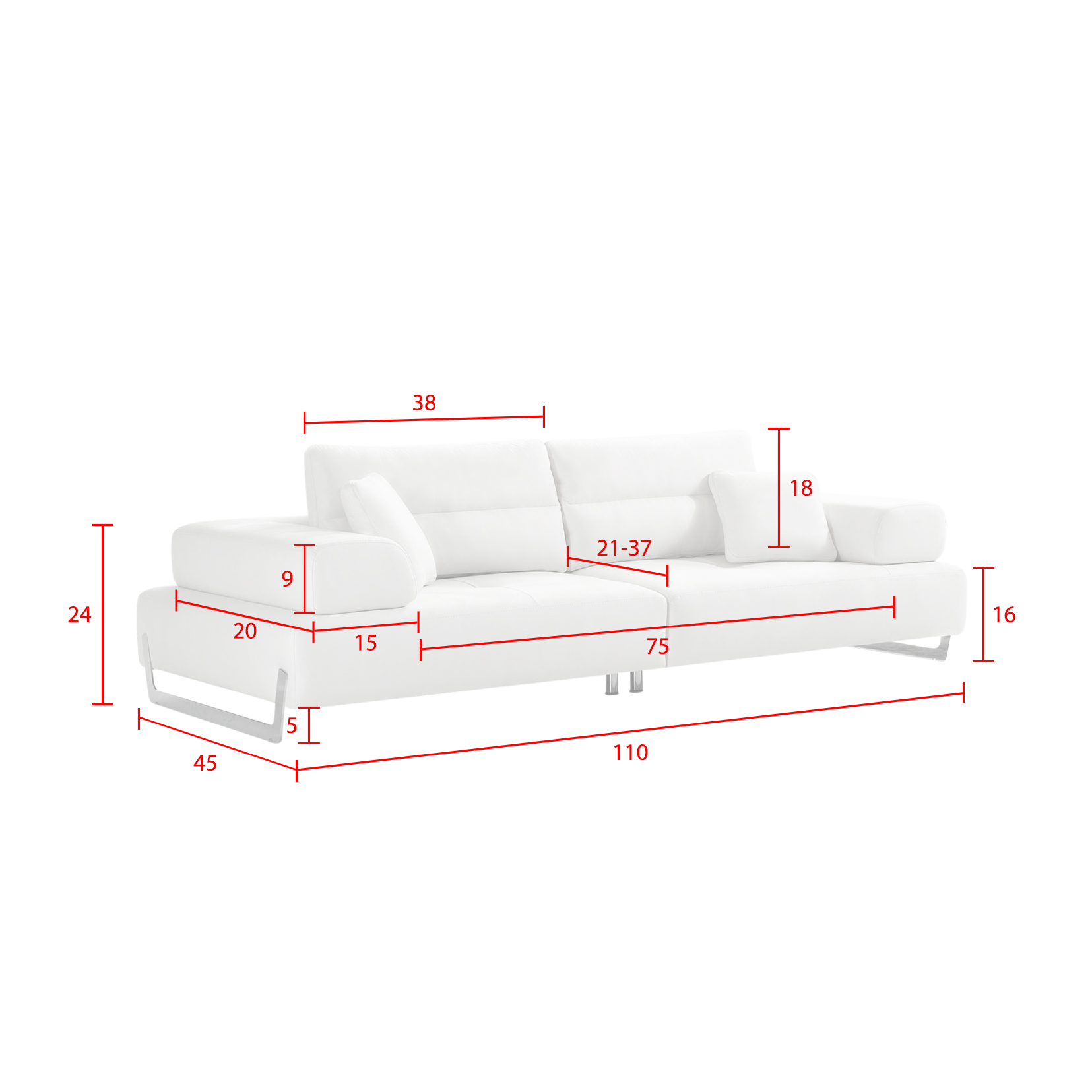 Pasargad - Positano Ravenna Sofa with Sliding Backrest and Armrest in White/Chrome, Faux Suede