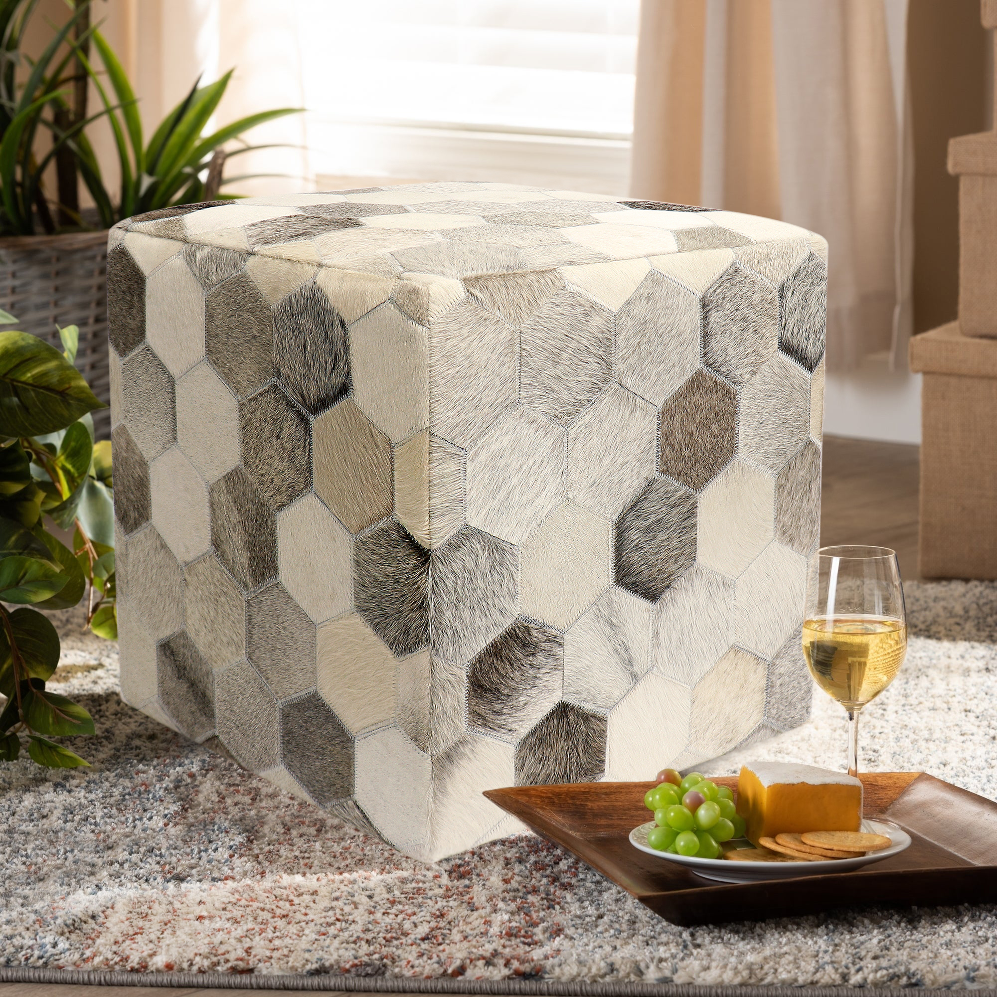 Pasargad Galaxy Square Pouf - Silver/Gray, Cowhide