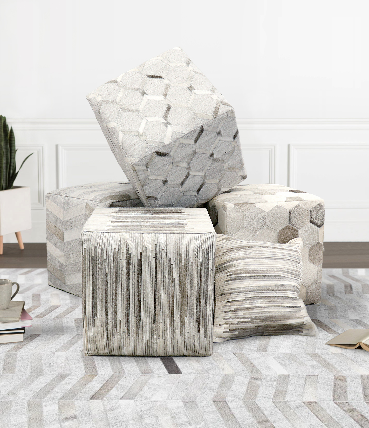 Pasargad Galaxy Square Pouf - Silver/Gray, Cowhide