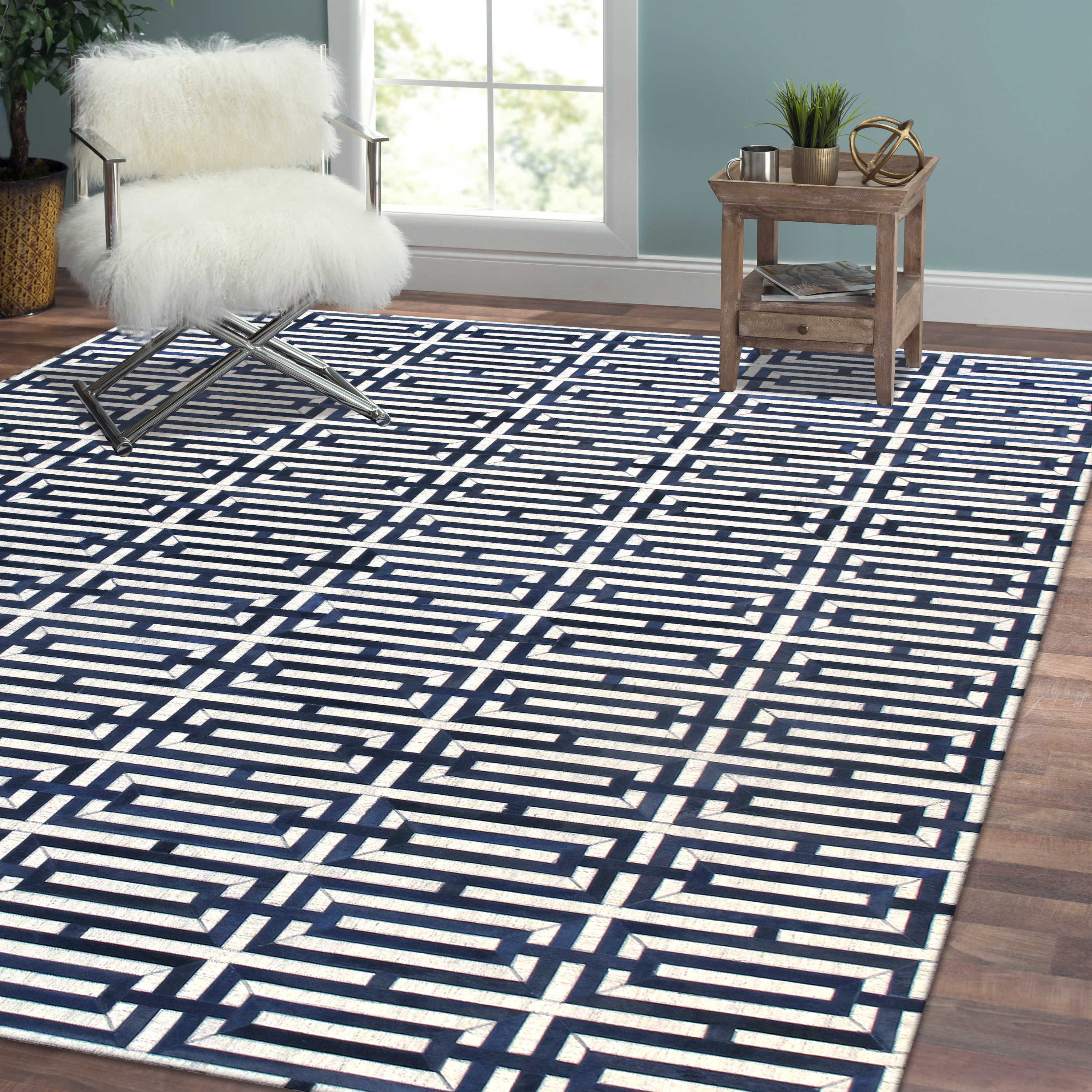 Pasargad Galaxy Collection Hand-stitched Cowhide Area Rug - Silver/Navy, 144" x 180" (ptx-4165 12x15)